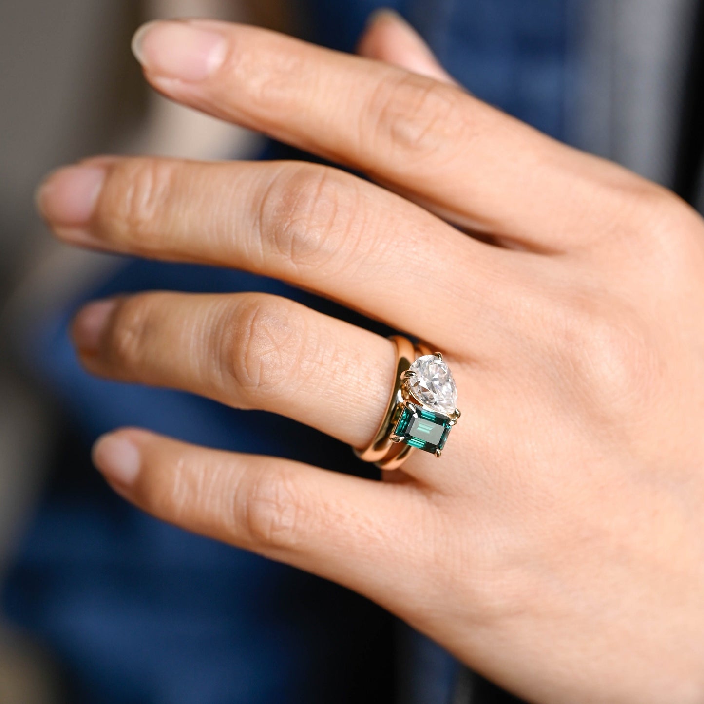 CausYou pear cut bridal set Solid Gold Toi Et Moi Ring, Emerald Cut Green Moissanite & Pear Cut Moissanite Engagement Ring and Wedding Ring Set, Bridal Ring Set