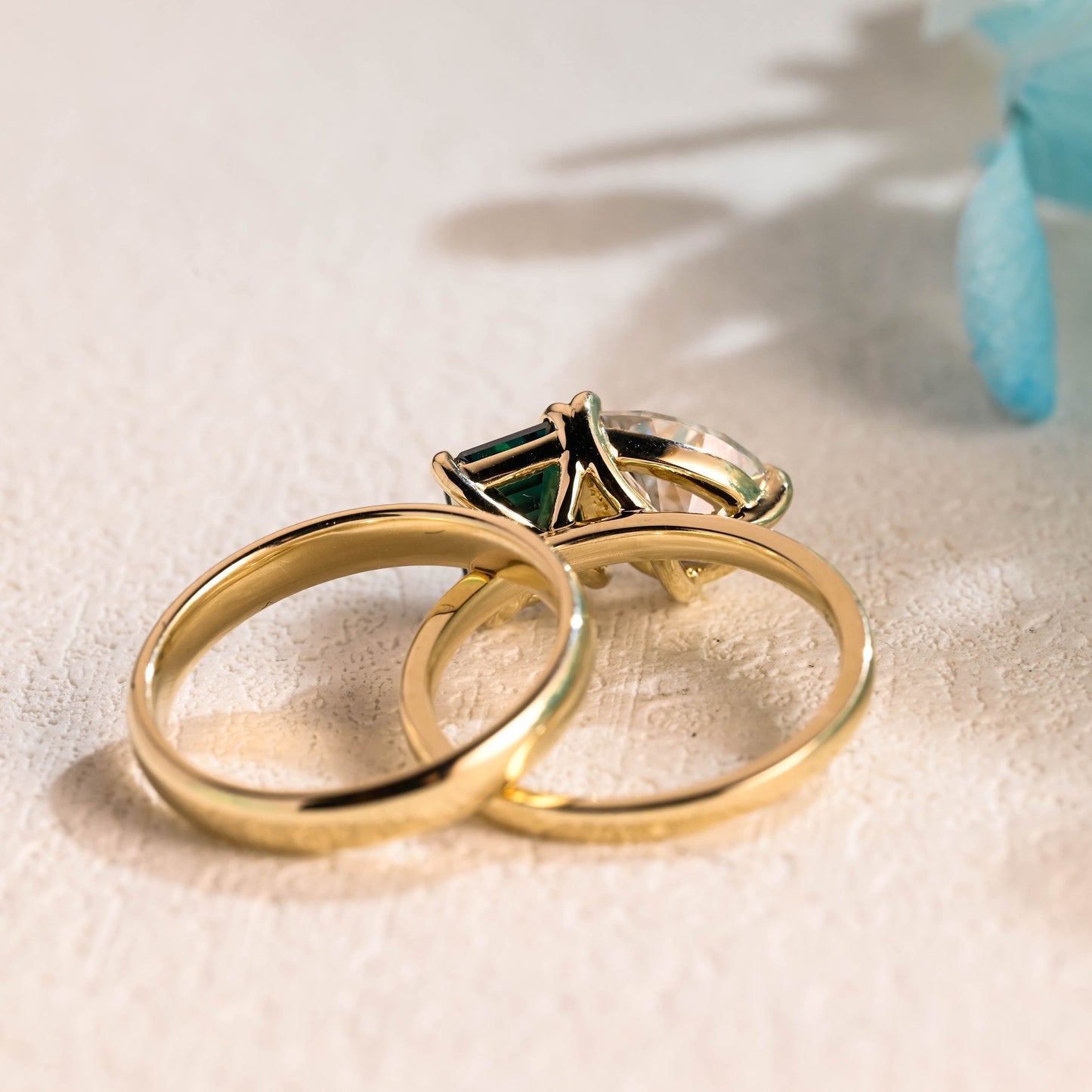 CausYou pear cut bridal set Solid Gold Toi Et Moi Ring, Emerald Cut Green Moissanite & Pear Cut Moissanite Engagement Ring and Wedding Ring Set, Bridal Ring Set
