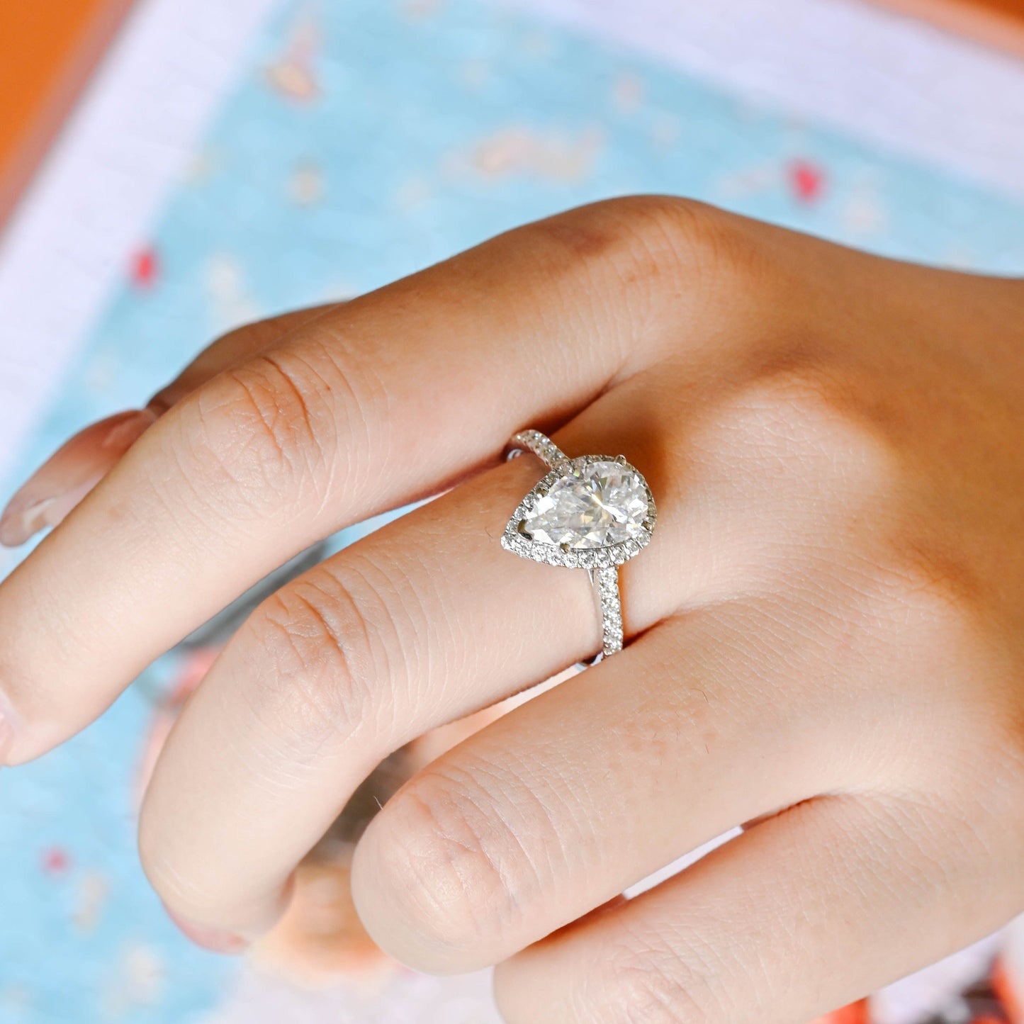 CausYou pear cut diamond engagement ring CausYou Solid Gold D/VS1 Half Pave Pear Cut Lab Grown Diamond Engagement Ring, Halo Wedding Bridal Ring for Women