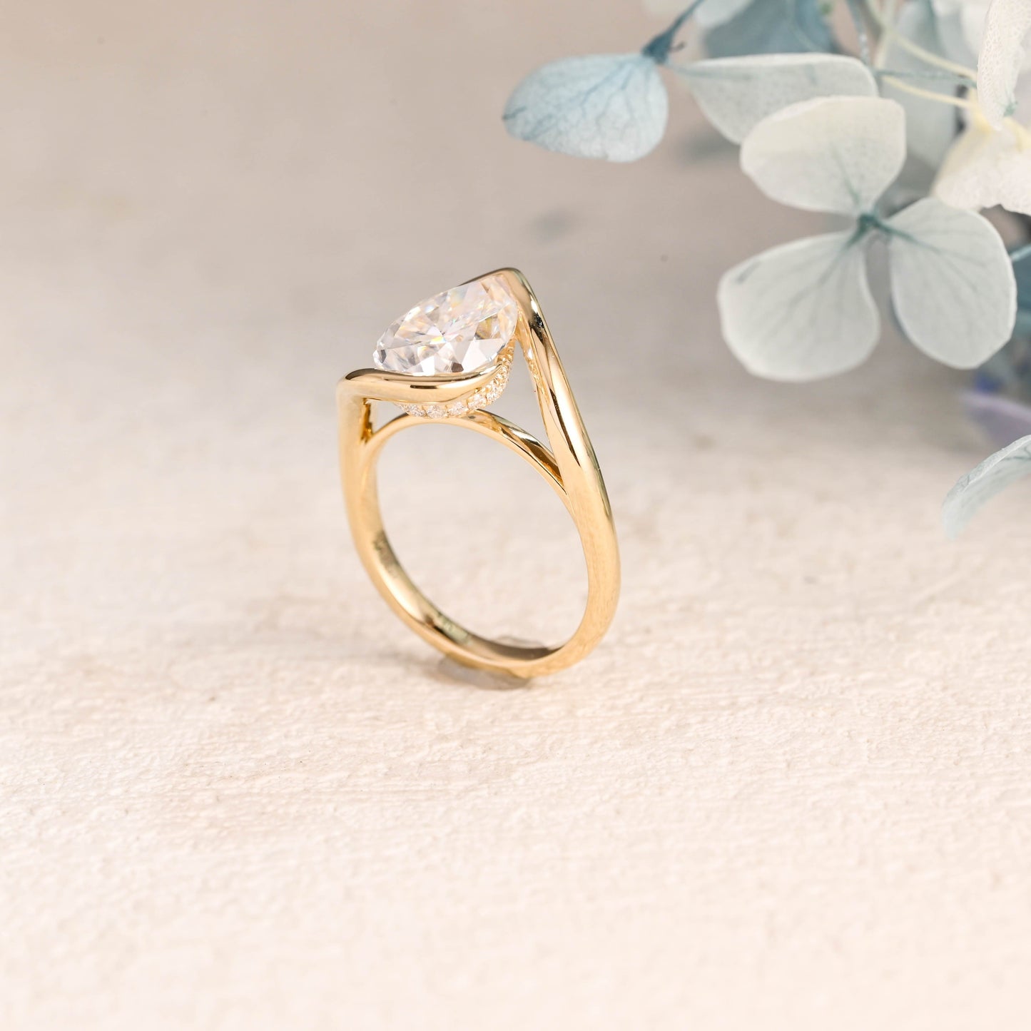 CausYou pear cut moissanite engagement ring Solid Gold Bypass Hidden Halo Pear Cut Moissanite Engagement Ring