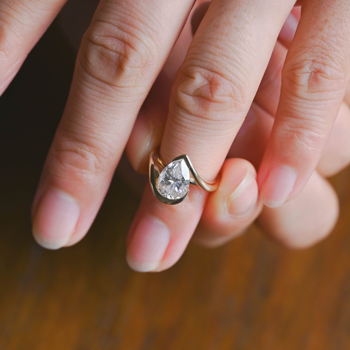 CausYou pear cut moissanite engagement ring Solid Gold Bypass Hidden Halo Pear Cut Moissanite Engagement Ring