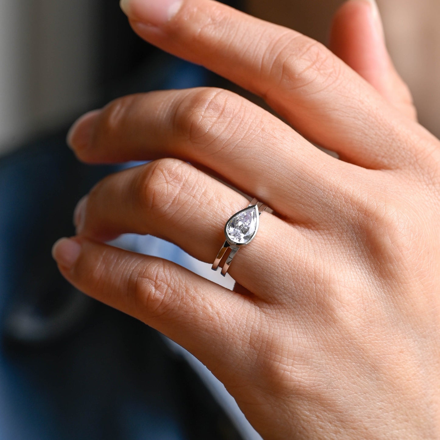 CausYou pear cut moissanite engagement ring Solid Gold Double Band Pear Cut Moissanite Engagement Ring, Solitaire Ring