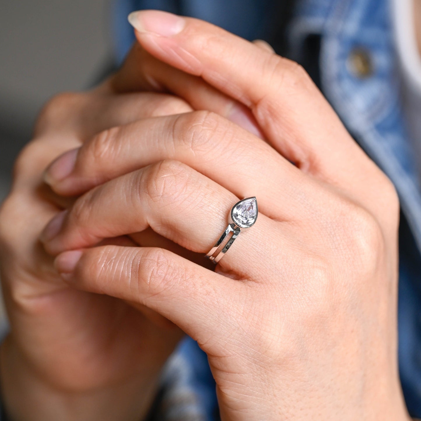 CausYou pear cut moissanite engagement ring Solid Gold Double Band Pear Cut Moissanite Engagement Ring, Solitaire Ring