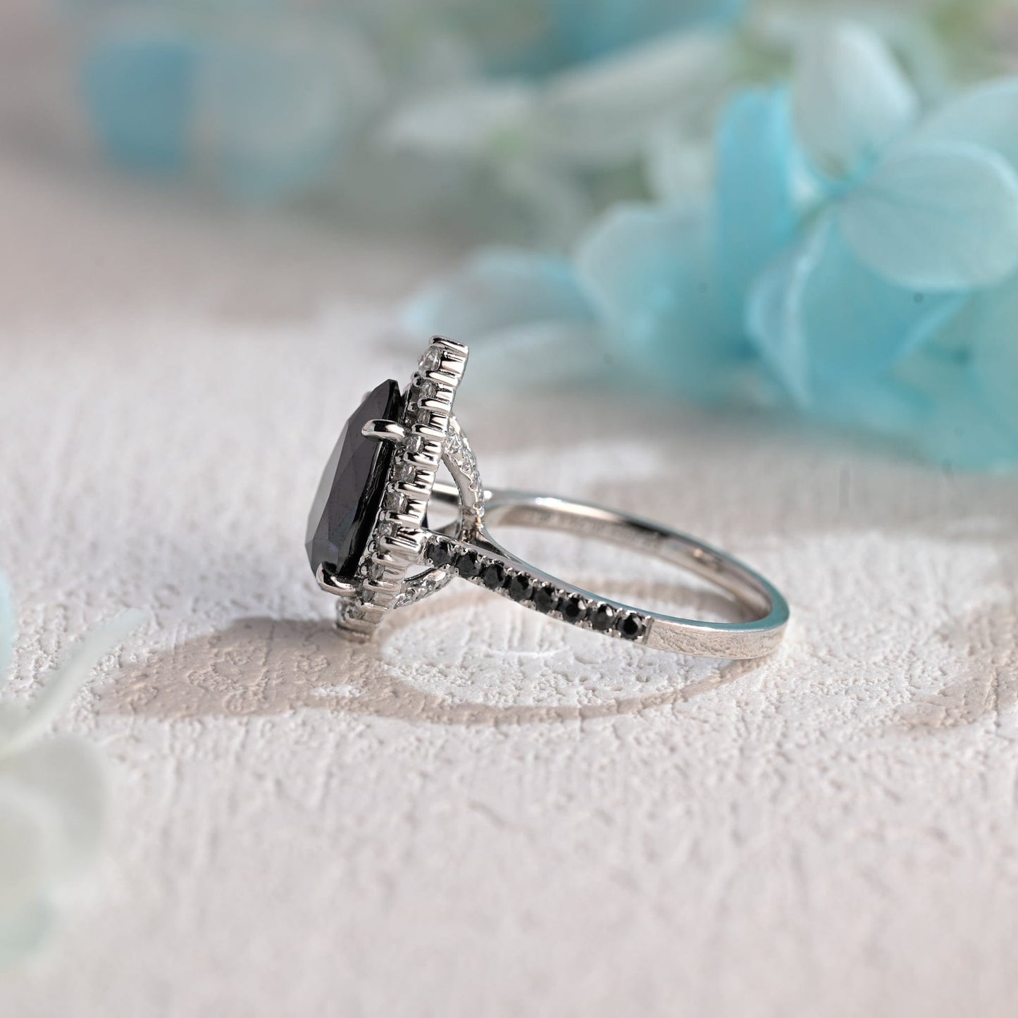CausYou pear cut moissanite engagement ring Solid Gold Pear Cut Black Moissanite Engagement Ring Hidden Halo