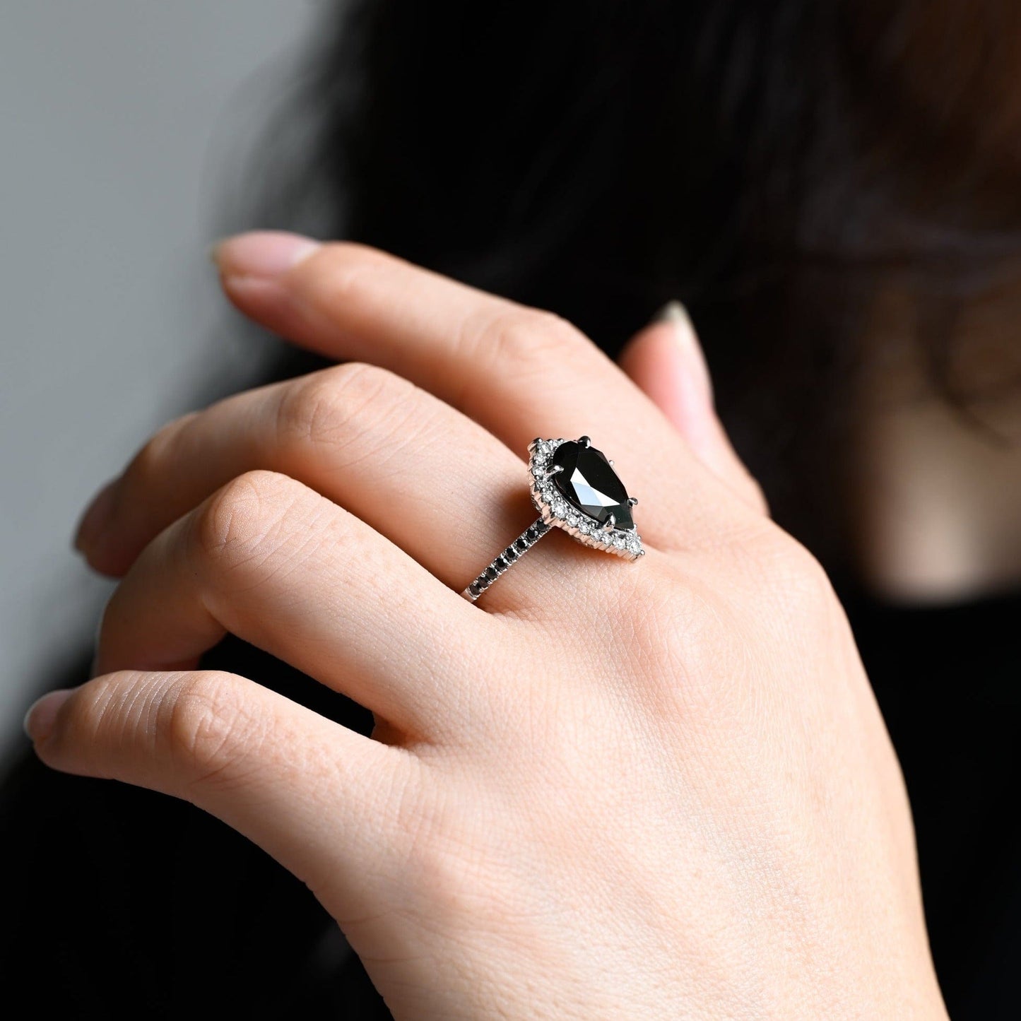 CausYou pear cut moissanite engagement ring Solid Gold Pear Cut Black Moissanite Engagement Ring Hidden Halo