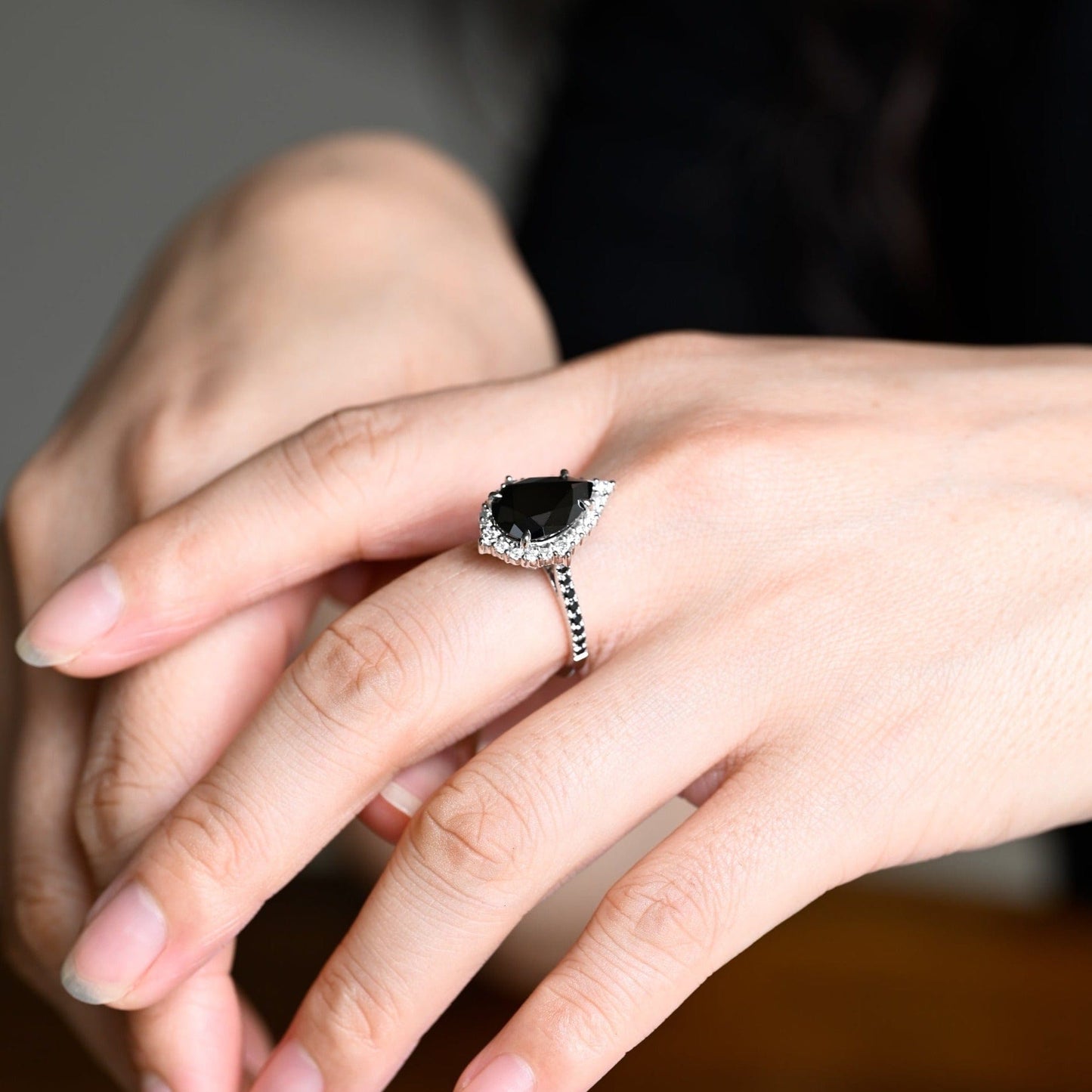 CausYou pear cut moissanite engagement ring Solid Gold Pear Cut Black Moissanite Engagement Ring Hidden Halo