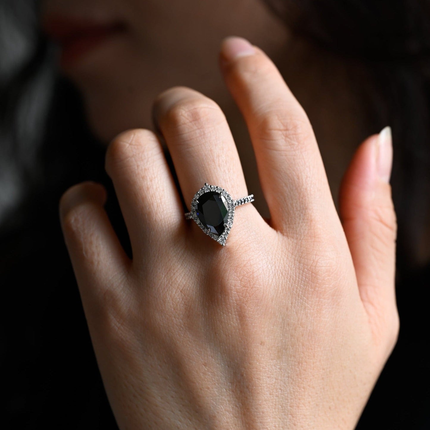 CausYou pear cut moissanite engagement ring Solid Gold Pear Cut Black Moissanite Engagement Ring Hidden Halo