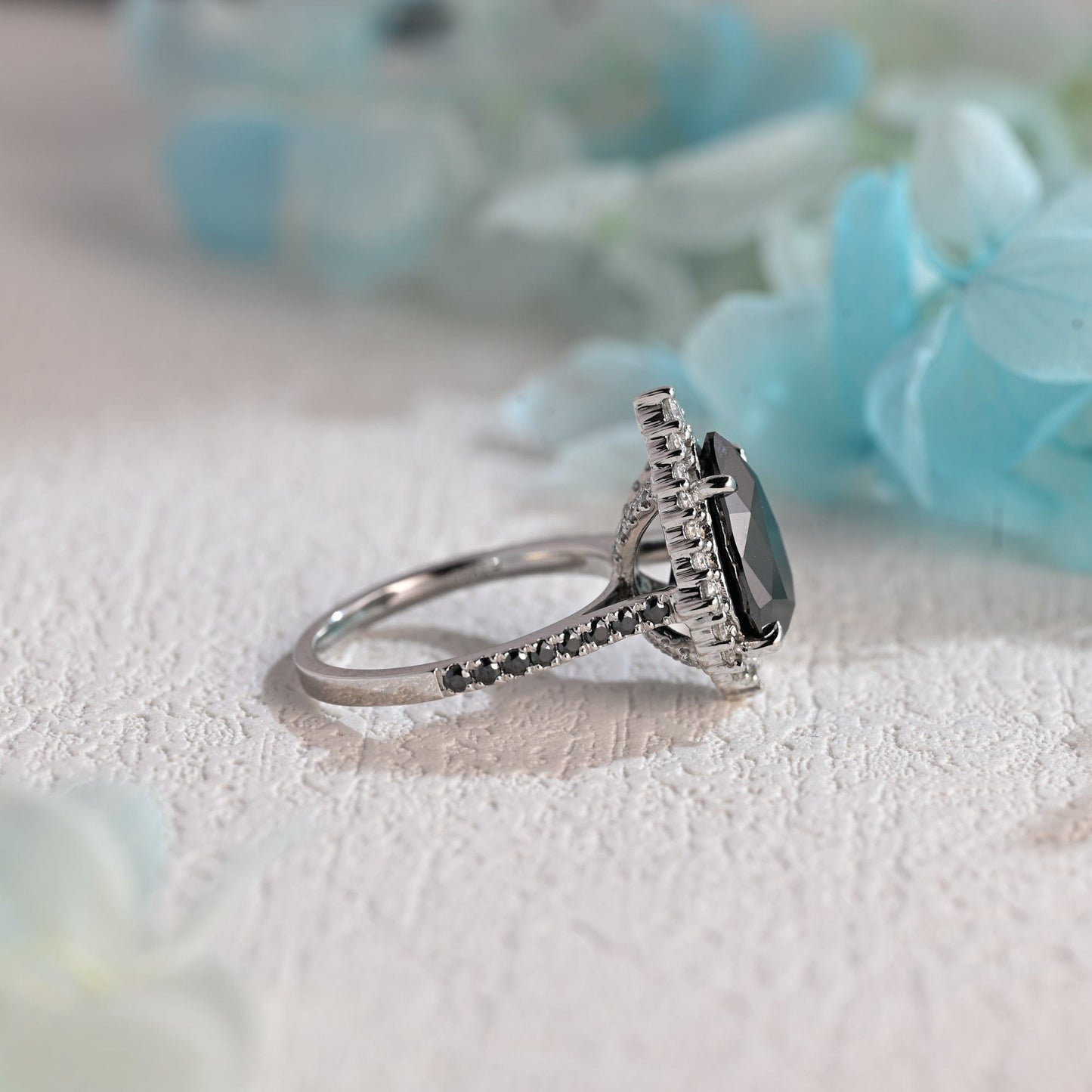 CausYou pear cut moissanite engagement ring Solid Gold Pear Cut Black Moissanite Engagement Ring Hidden Halo