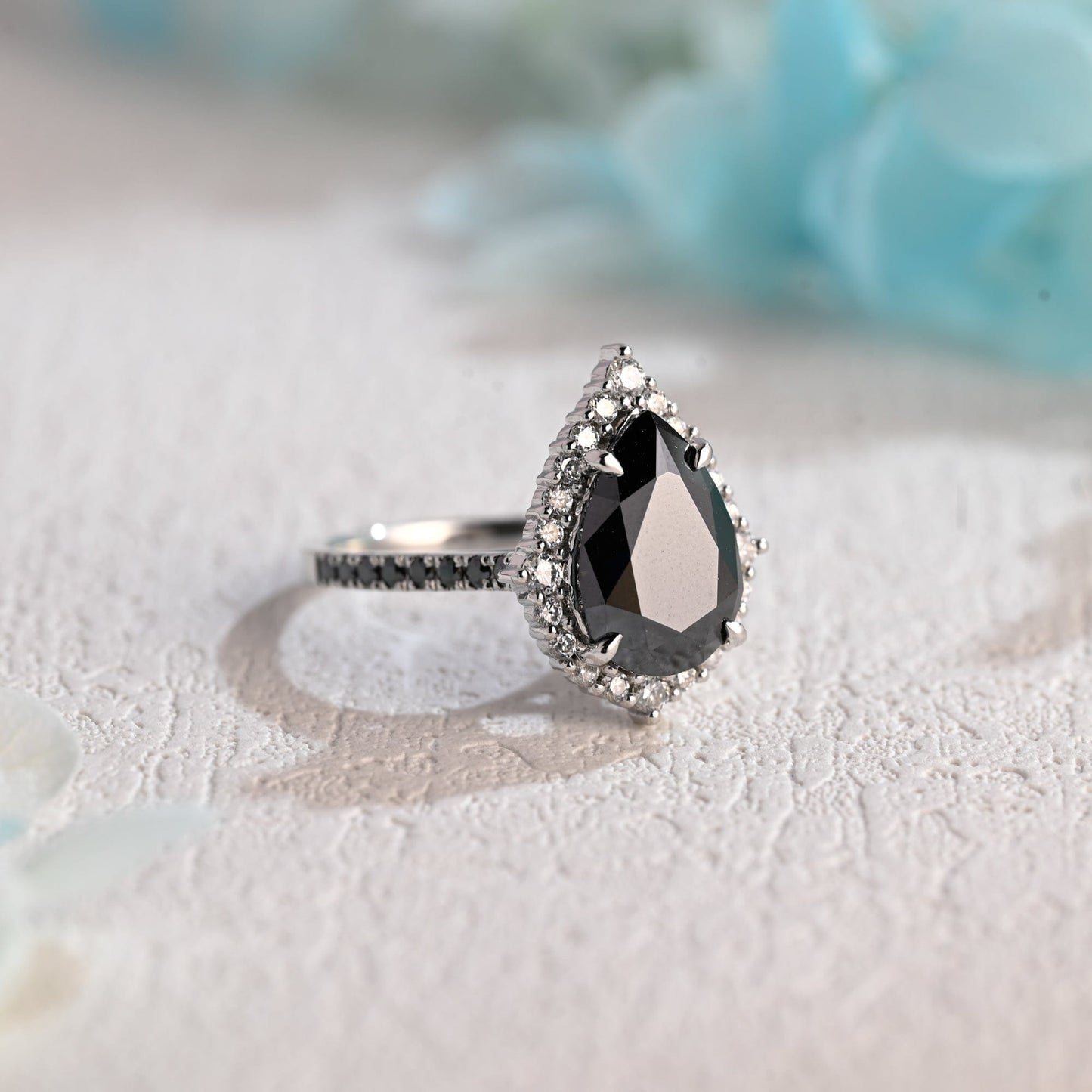 CausYou pear cut moissanite engagement ring Solid Gold Pear Cut Black Moissanite Engagement Ring Hidden Halo