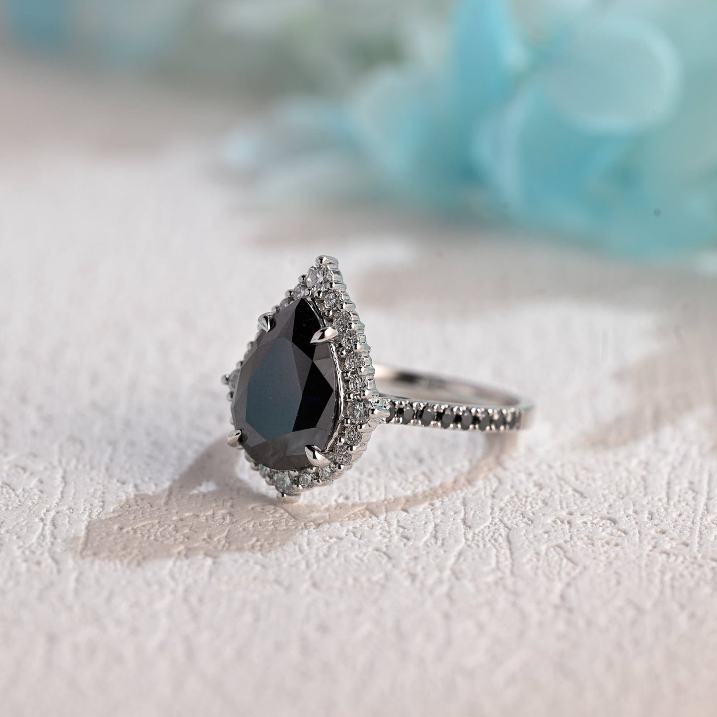 CausYou pear cut moissanite engagement ring Solid Gold Pear Cut Black Moissanite Engagement Ring Hidden Halo