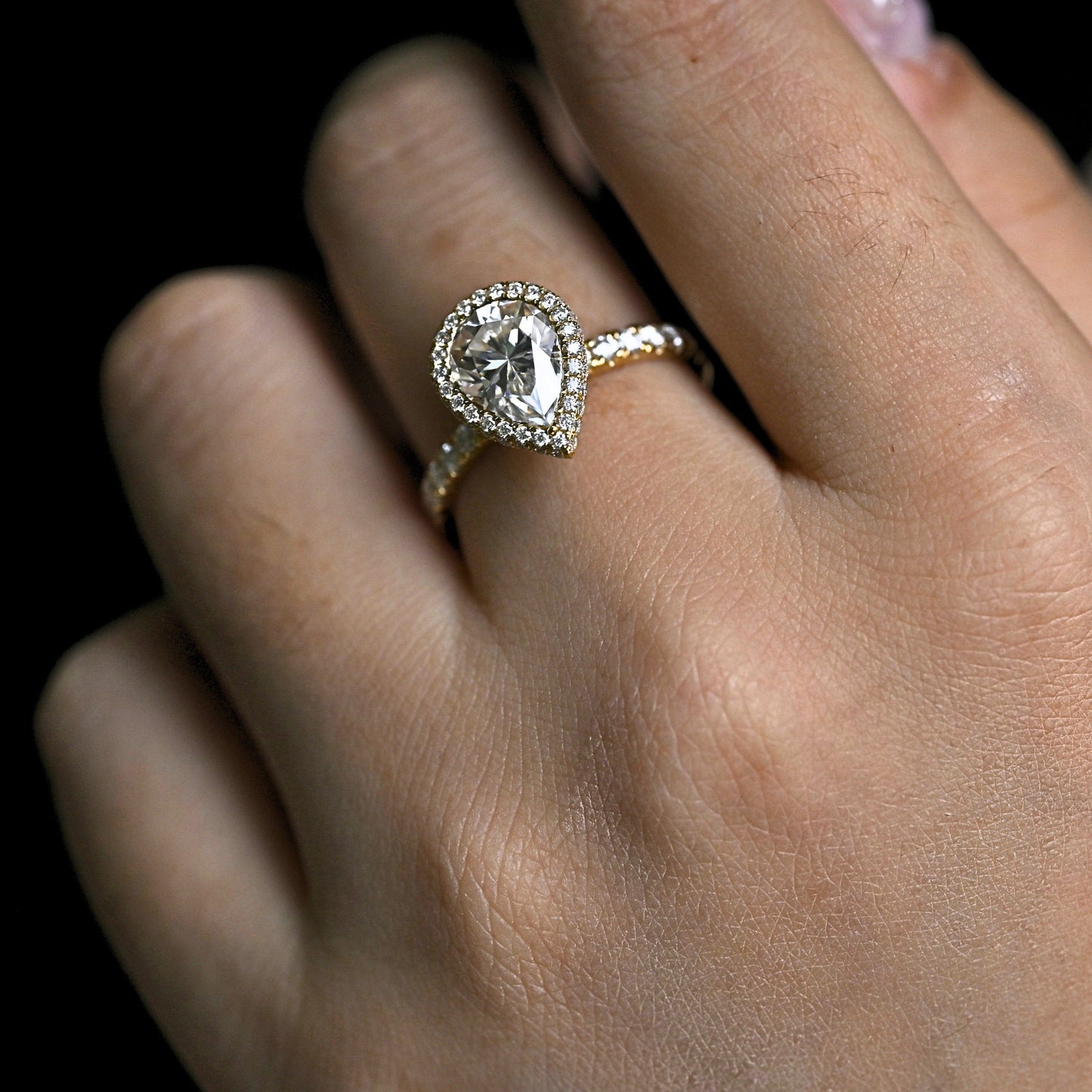 CausYou pear cut moissanite engagement ring Solid Gold Pear Cut Moissanite Engagement Ring Hidden Halo