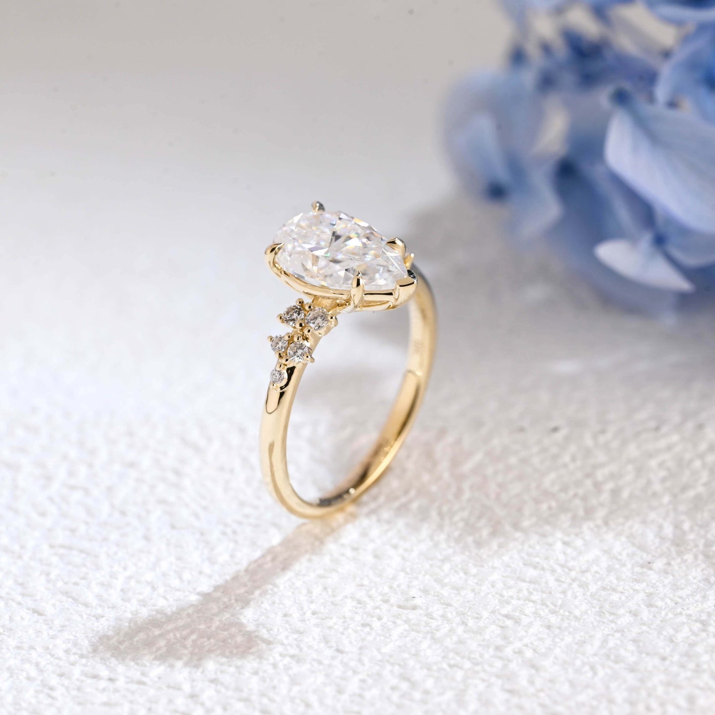 CausYou pear cut moissanite engagement ring Solid Gold Side Cluster Pear Cut Moissanite Engagement Ring