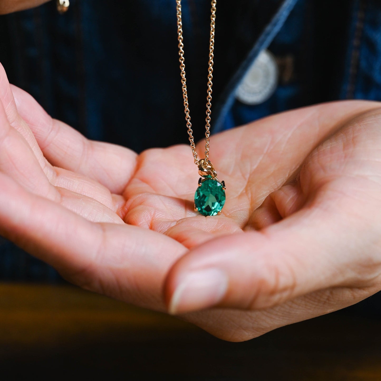 CausYou pendant Solid Gold Green Oval Cut Lab Emerald Pendant Necklace