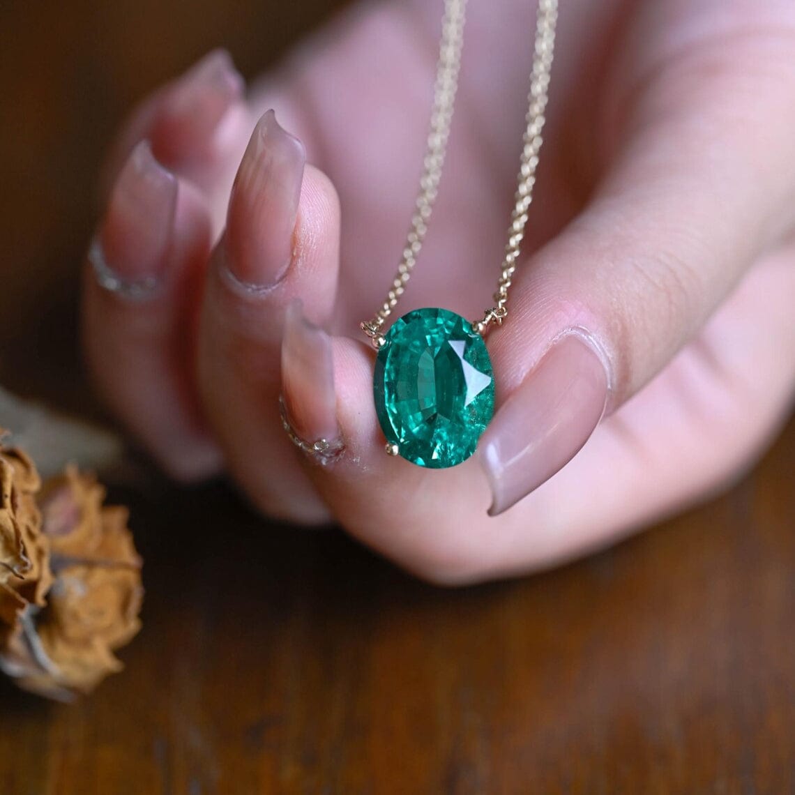 CausYou pendant Solid Gold Green Oval Cut Lab Emerald Pendant Necklace
