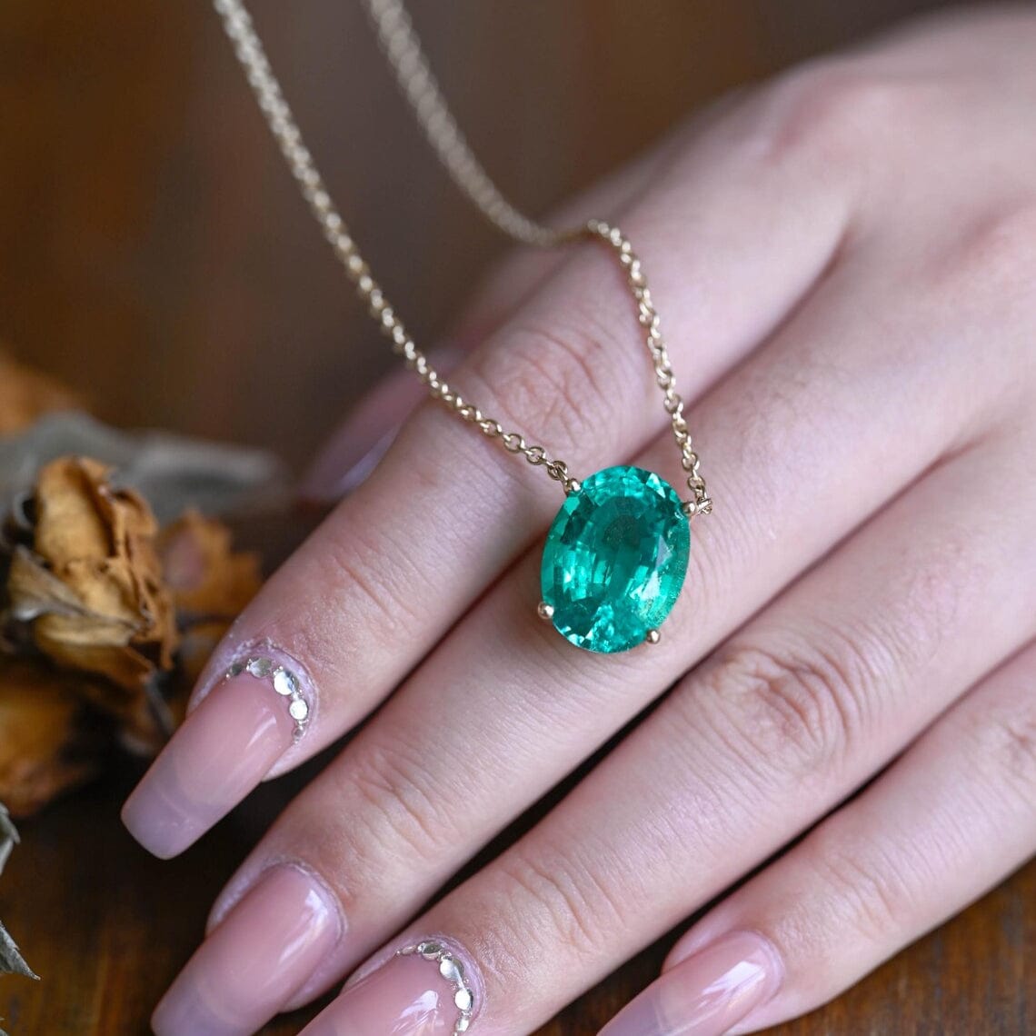 CausYou pendant Solid Gold Green Oval Cut Lab Emerald Pendant Necklace