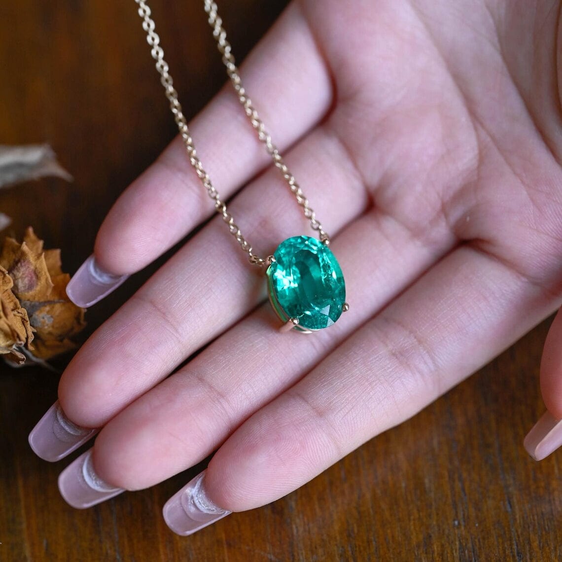 CausYou pendant Solid Gold Green Oval Cut Lab Emerald Pendant Necklace