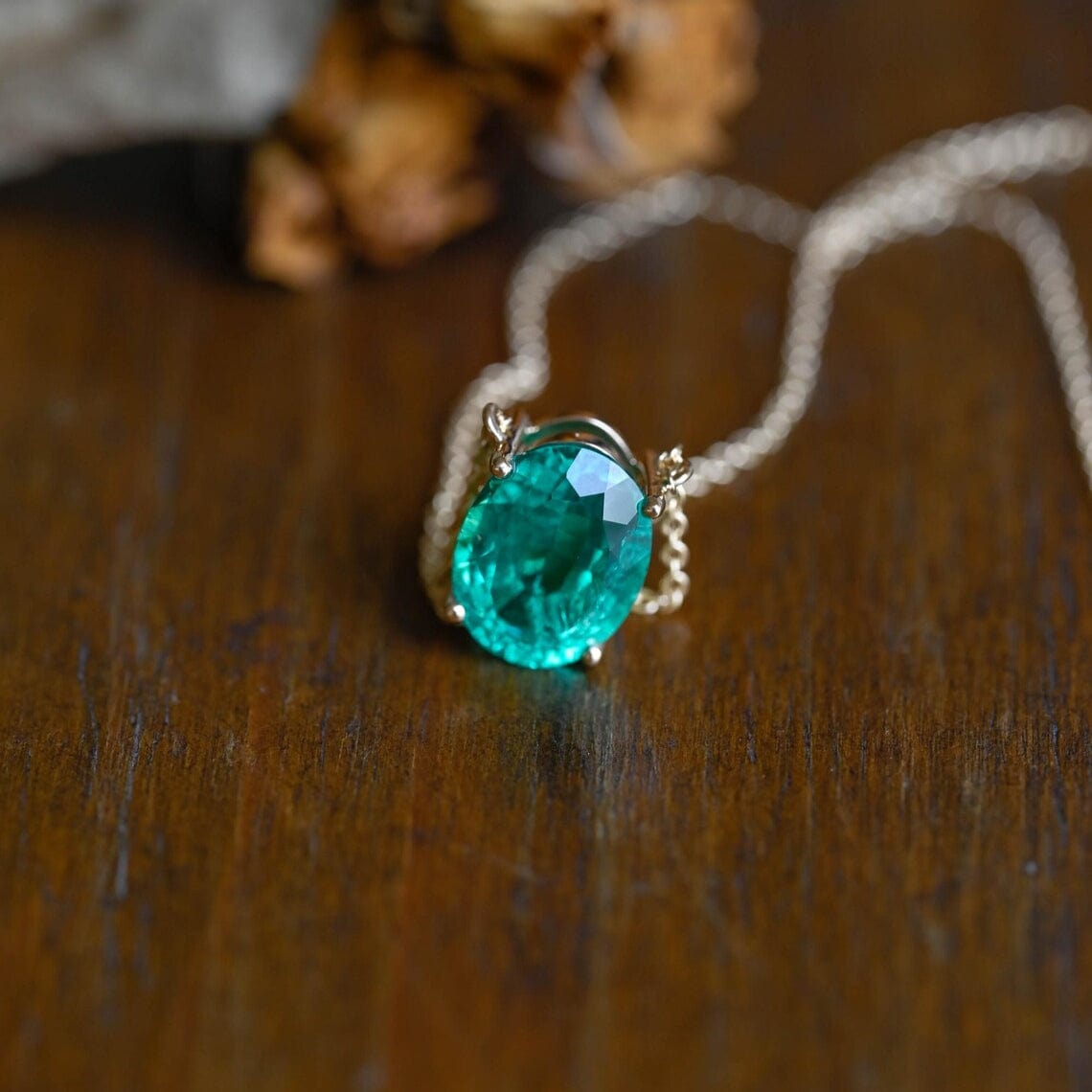 CausYou pendant Solid Gold Green Oval Cut Lab Emerald Pendant Necklace