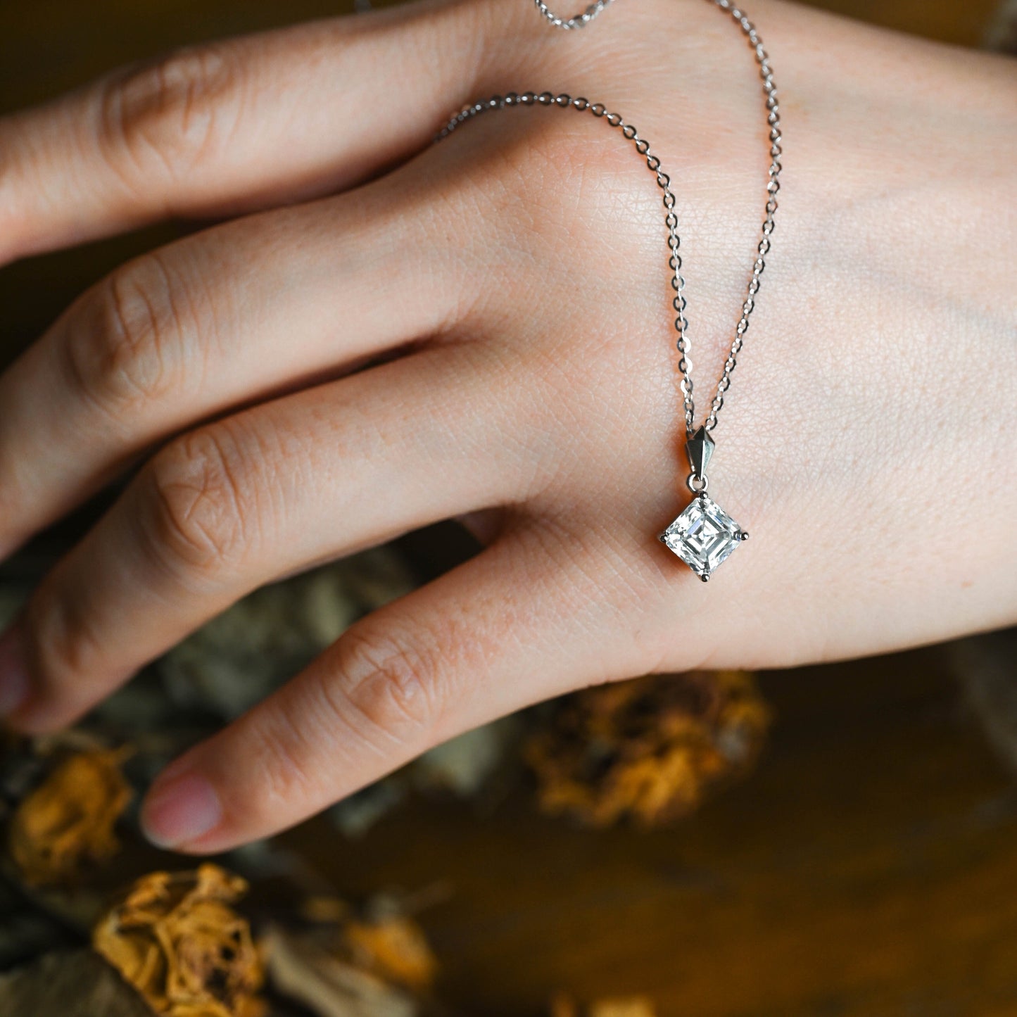 CausYou pendant Solid Gold Minimalist Asscher Cut Moissanite Pendant Necklace