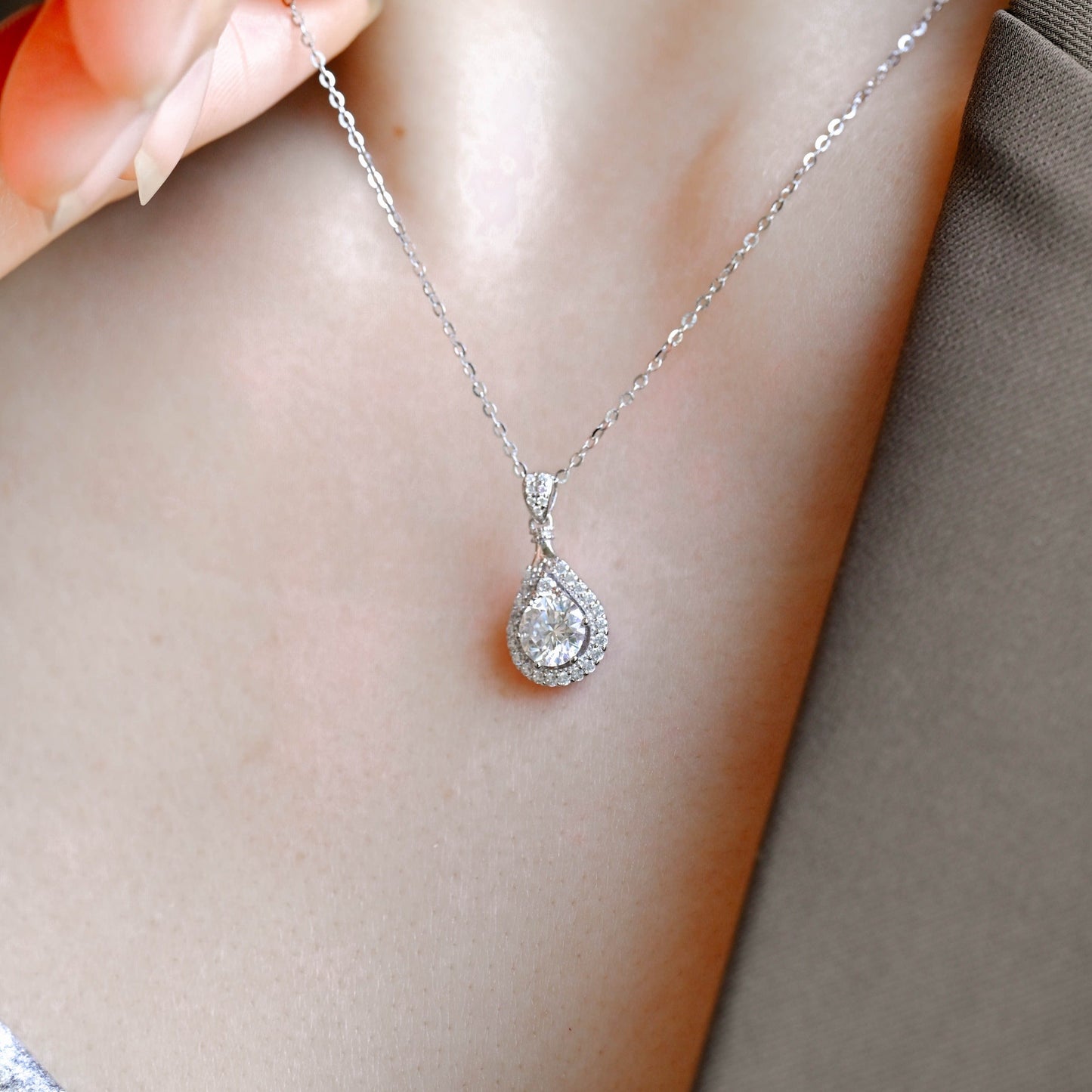 CausYou pendant Solid Gold Pear Cut Moissanite Pendant, Wedding Necklace, Anniversary Gift for Women, Wife