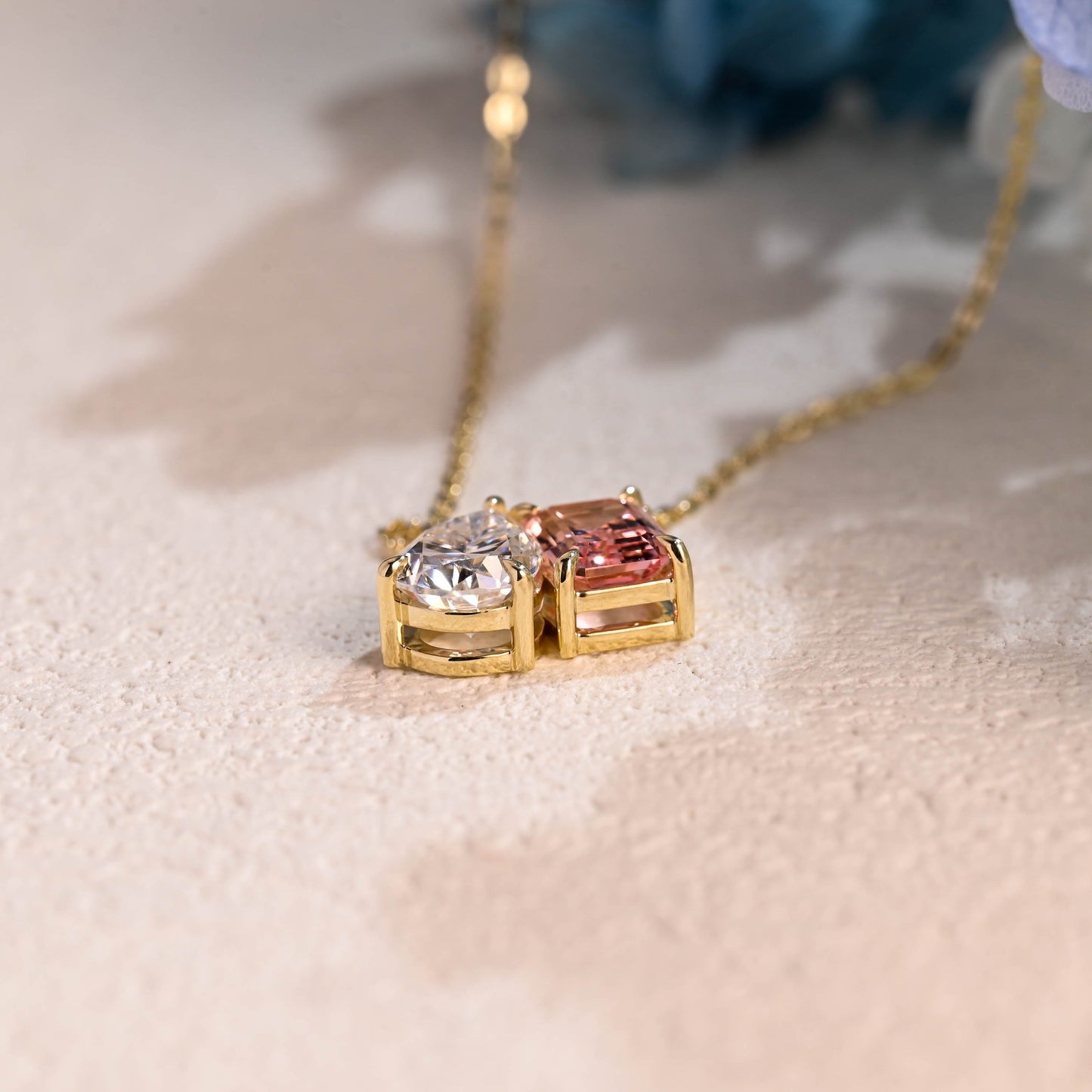 CausYou pendant Solid Gold Toi et Moi Pink Emerald Cut & Pear Cut Moissanite Necklace