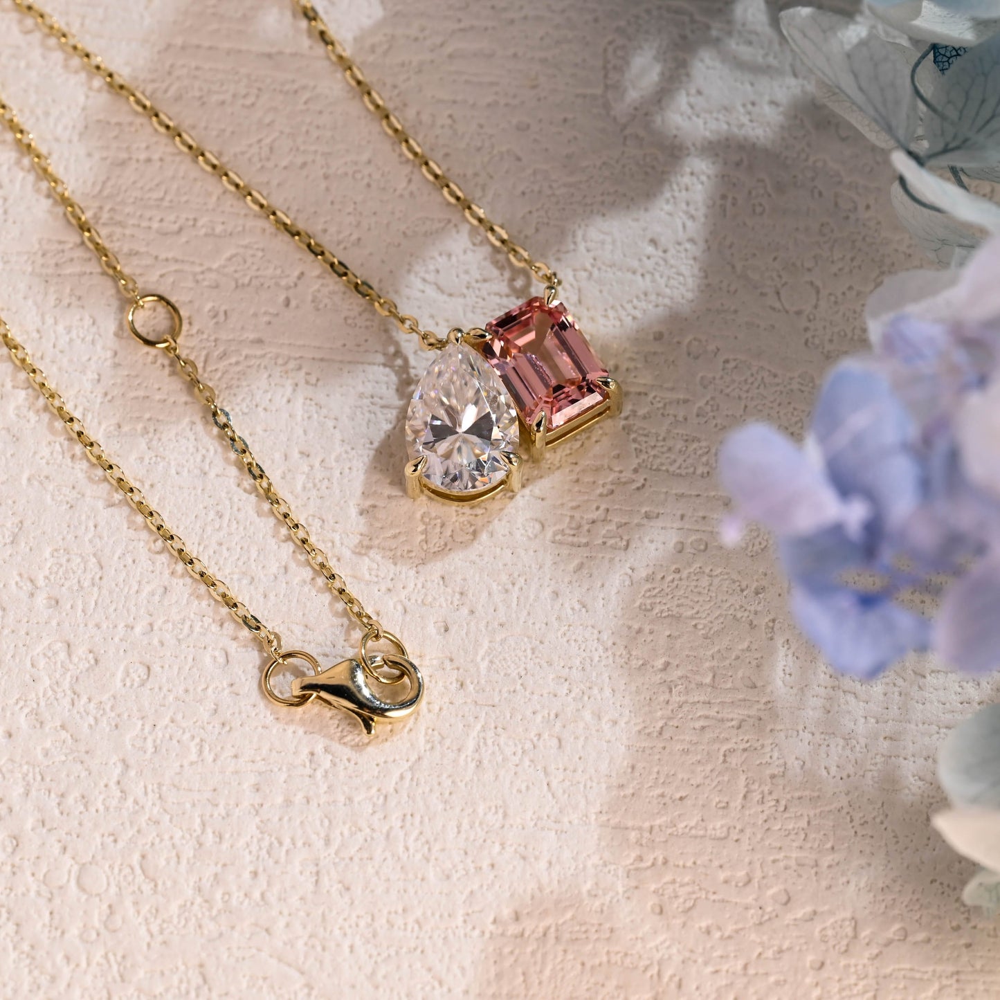 CausYou pendant Solid Gold Toi et Moi Pink Emerald Cut & Pear Cut Moissanite Necklace