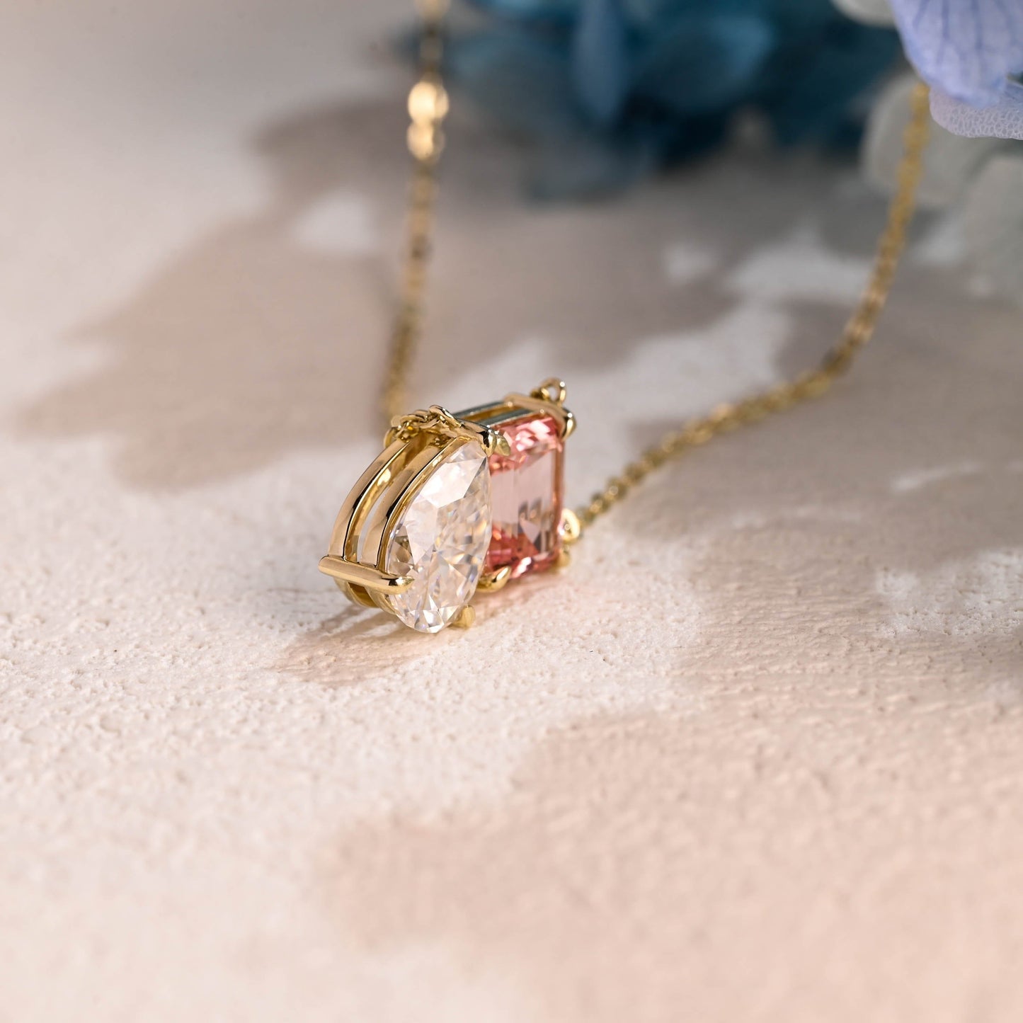 CausYou pendant Solid Gold Toi et Moi Pink Emerald Cut & Pear Cut Moissanite Necklace
