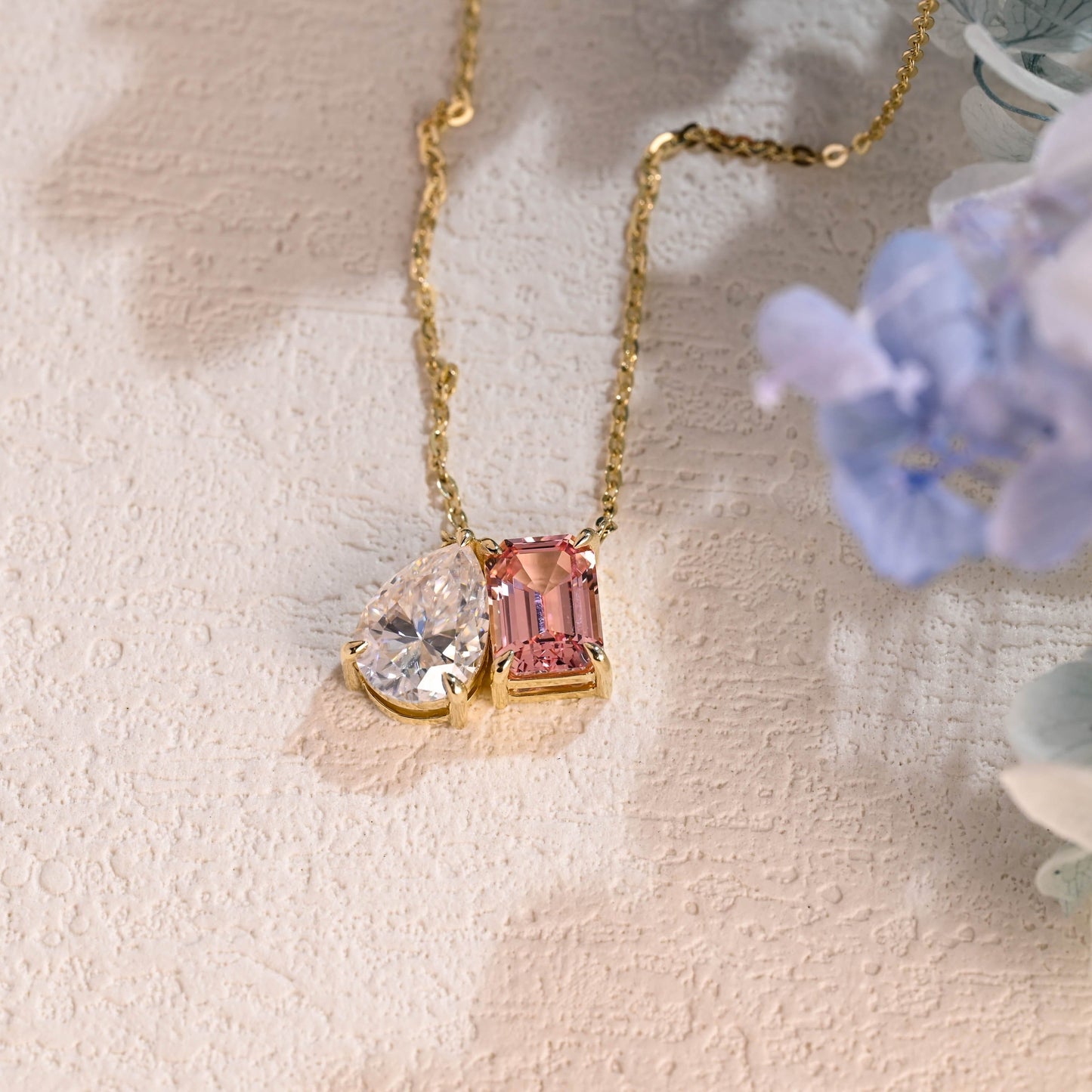 CausYou pendant Solid Gold Toi et Moi Pink Emerald Cut & Pear Cut Moissanite Necklace