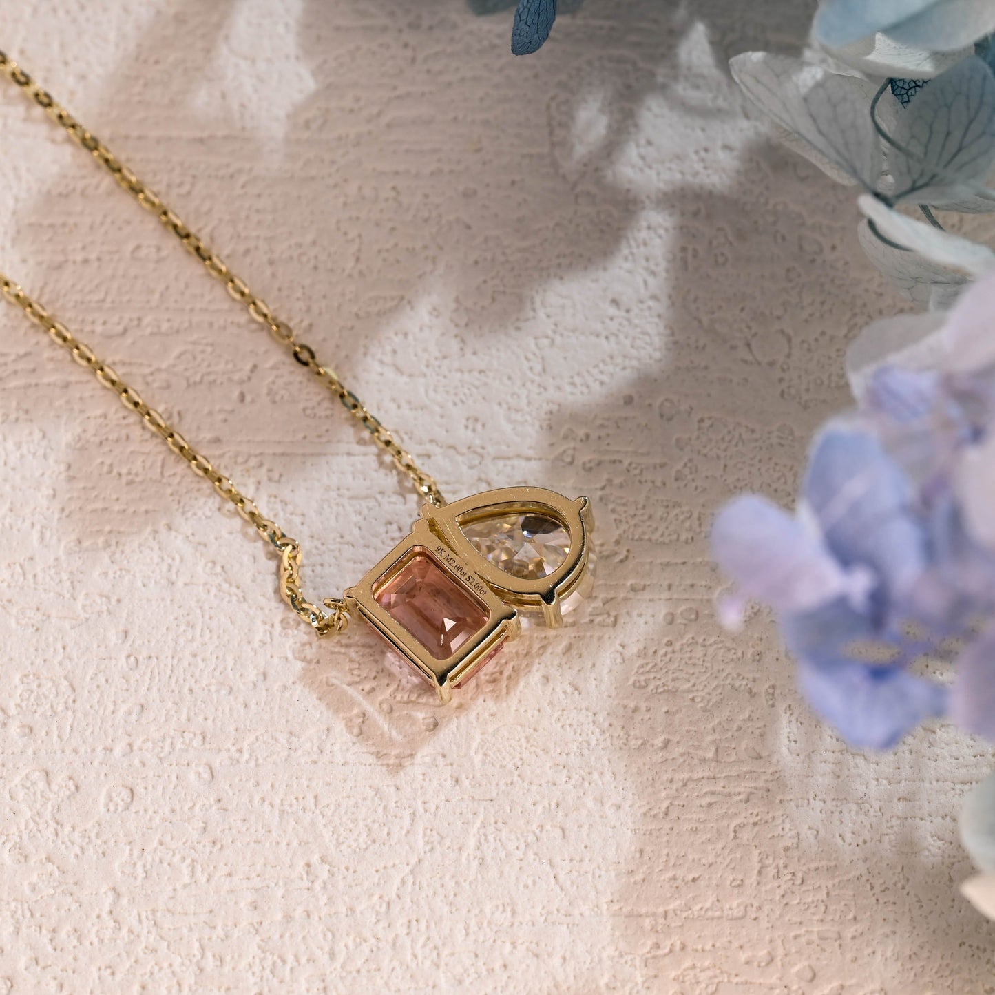 CausYou pendant Solid Gold Toi et Moi Pink Emerald Cut & Pear Cut Moissanite Necklace