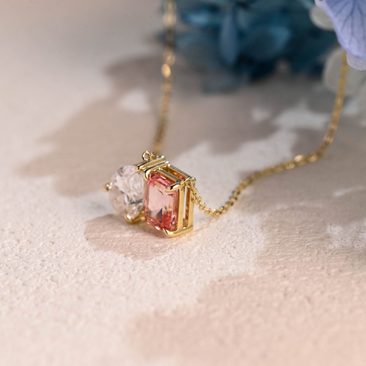 CausYou pendant Solid Gold Toi et Moi Pink Emerald Cut & Pear Cut Moissanite Necklace