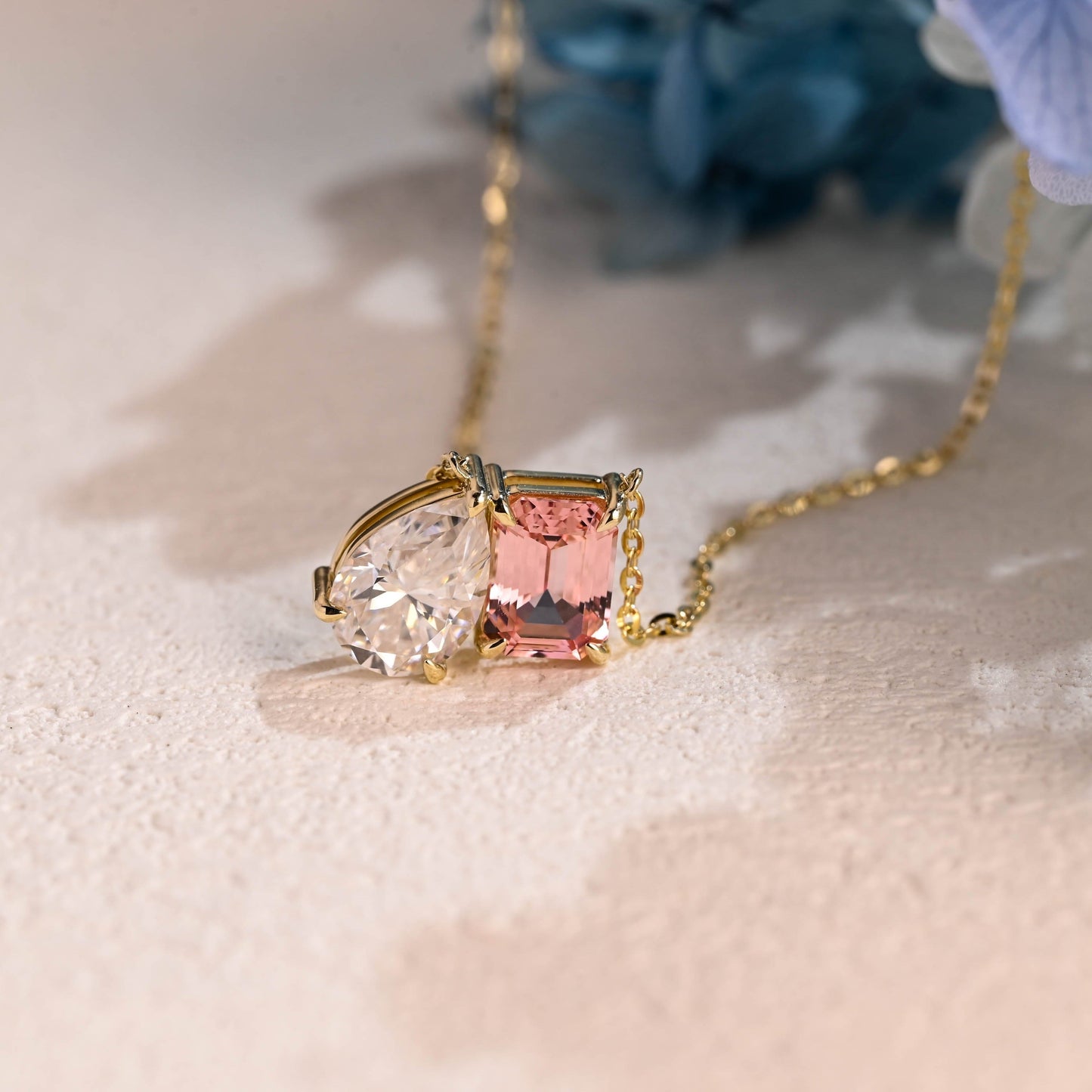 CausYou pendant Solid Gold Toi et Moi Pink Emerald Cut & Pear Cut Moissanite Necklace