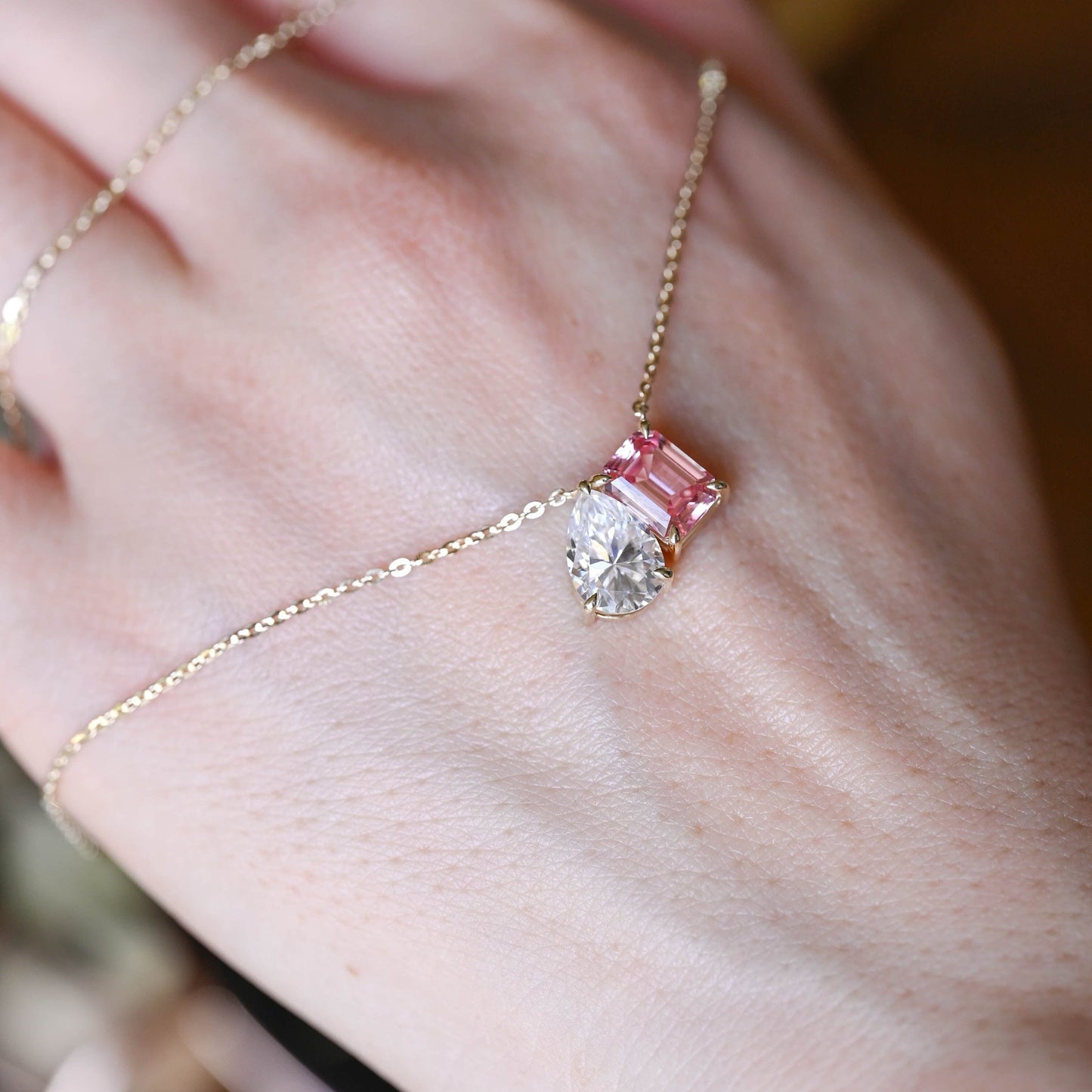 CausYou pendant Solid Gold Toi et Moi Pink Emerald Cut & Pear Cut Moissanite Necklace