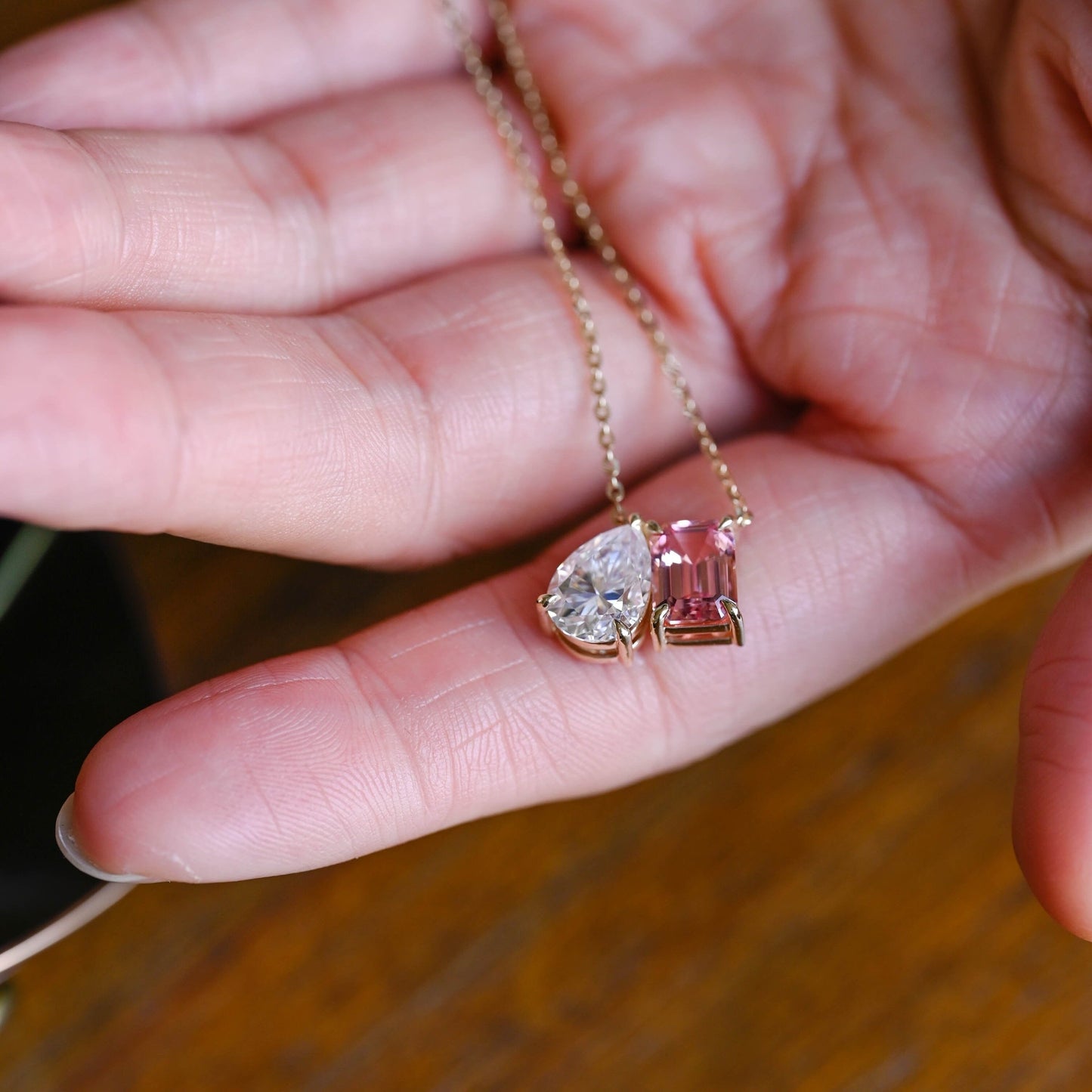 CausYou pendant Solid Gold Toi et Moi Pink Emerald Cut & Pear Cut Moissanite Necklace