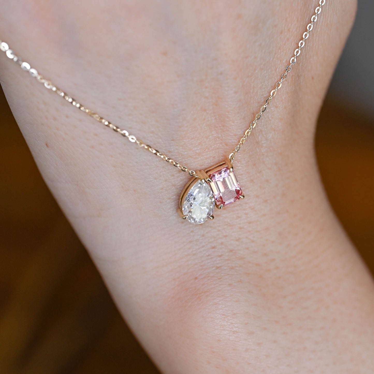 CausYou pendant Solid Gold Toi et Moi Pink Emerald Cut & Pear Cut Moissanite Necklace