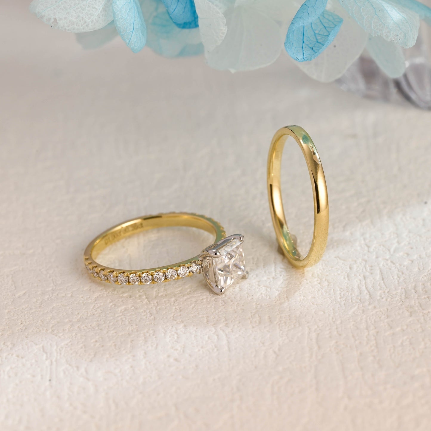 CausYou princess cut bridal set CausYou Solid Gold Two Tone Princess Cut Moissanite Engagement Ring and Wedding Ring Set, Square Bridal Set, Gold Plain Band, Gift for Women Wife