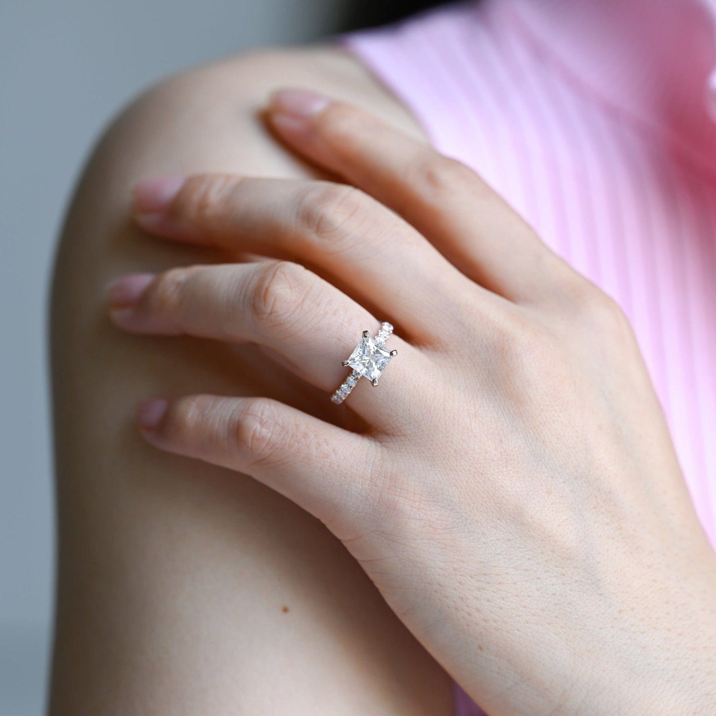 CausYou princess cut diamond engagement ring CausYou Solid Gold D/VS1 Princess Cut Lab Grown Diamond Ring, Pave Engagement Ring, Bridal Wedding Ring