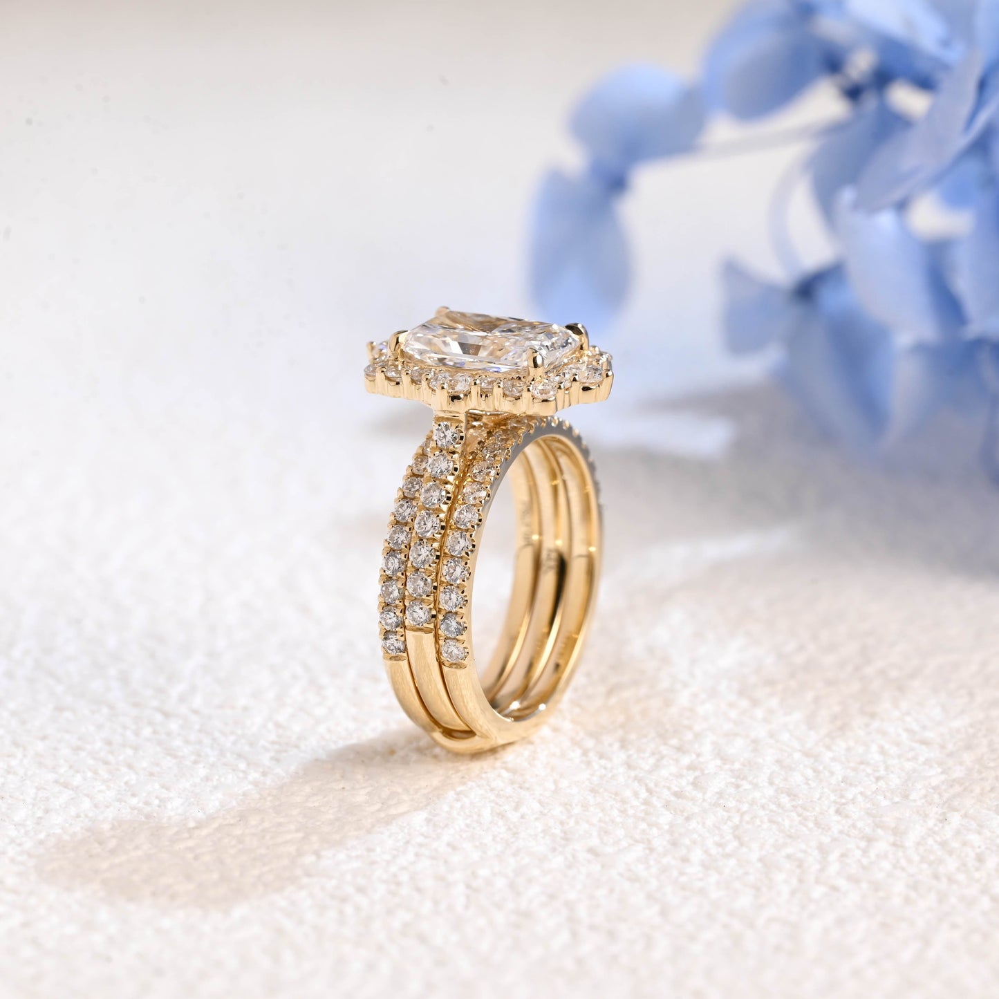 CausYou radiant cut bridal set Solid Gold Radiant Cut Moissanite Engagement Ring and Enhancer Wedding Ring Bridal Set