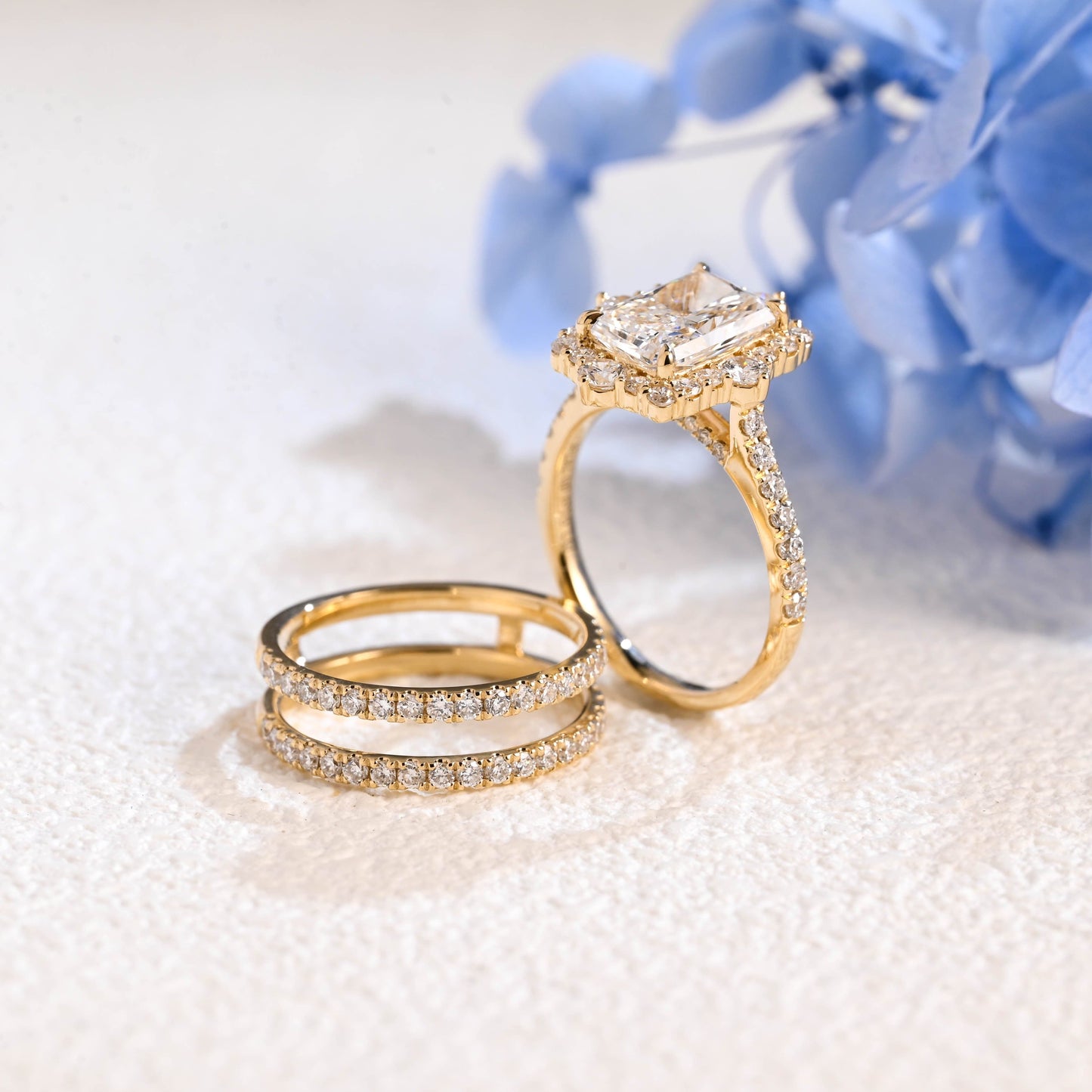 CausYou radiant cut bridal set Solid Gold Radiant Cut Moissanite Engagement Ring and Enhancer Wedding Ring Bridal Set