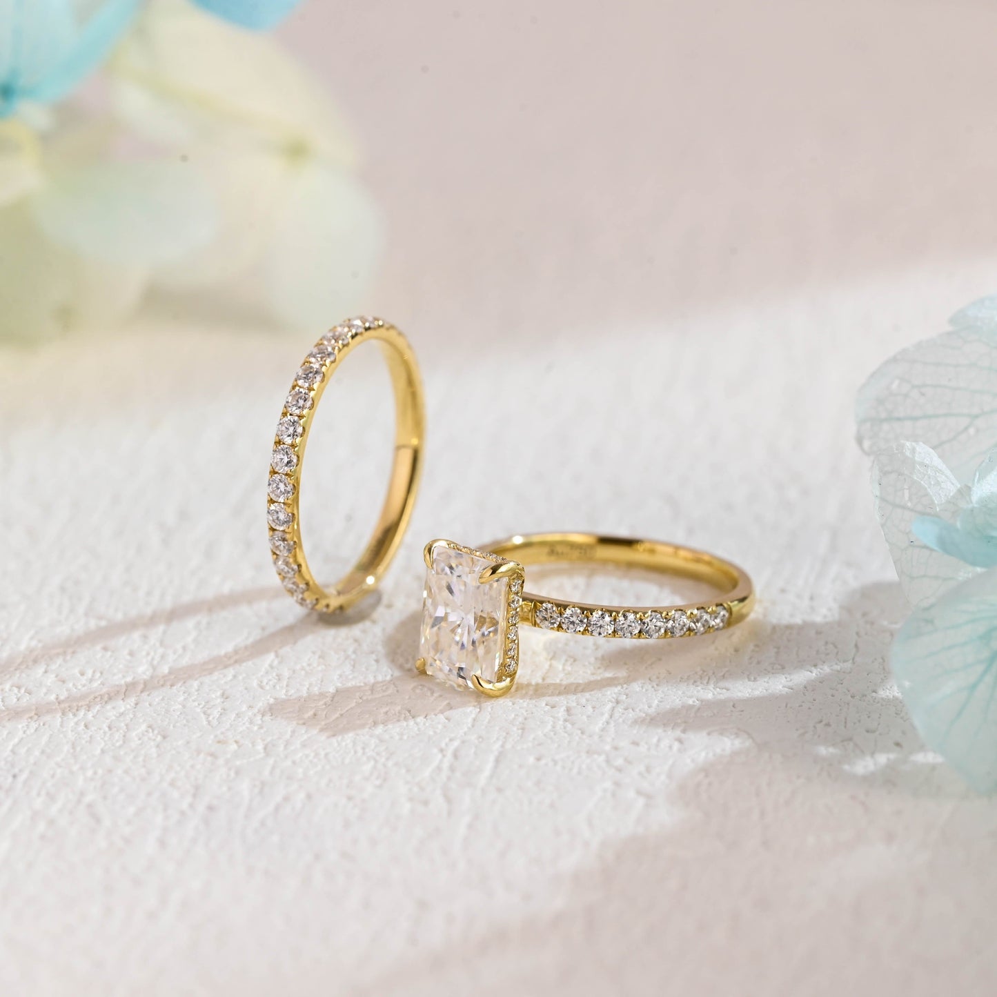 CausYou radiant cut bridal set Solid Gold Radiant Cut Moissanite Engagement Ring and Wedding Ring Set, Bridal Ring Set, Gift for Woman Wife