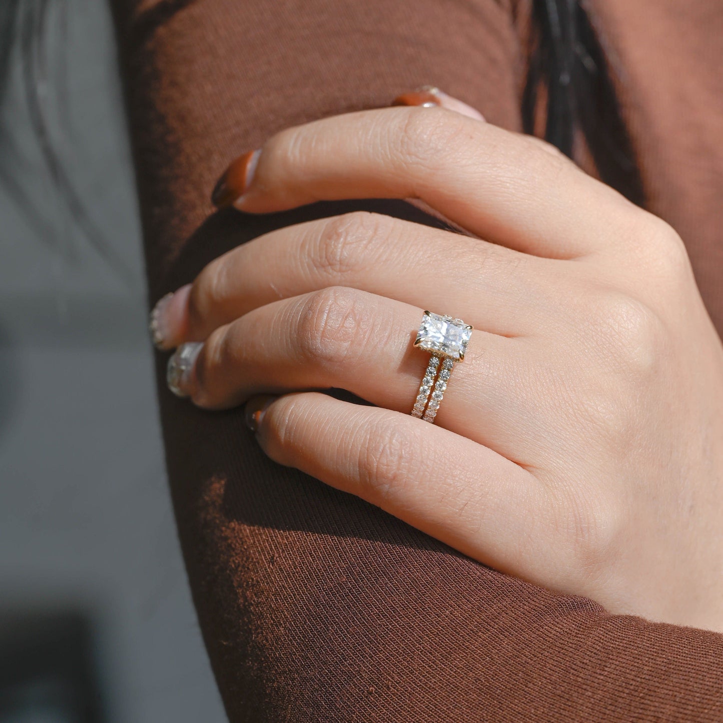 CausYou radiant cut bridal set Solid Gold Radiant Cut Moissanite Engagement Ring and Wedding Ring Set, Bridal Ring Set, Gift for Woman Wife