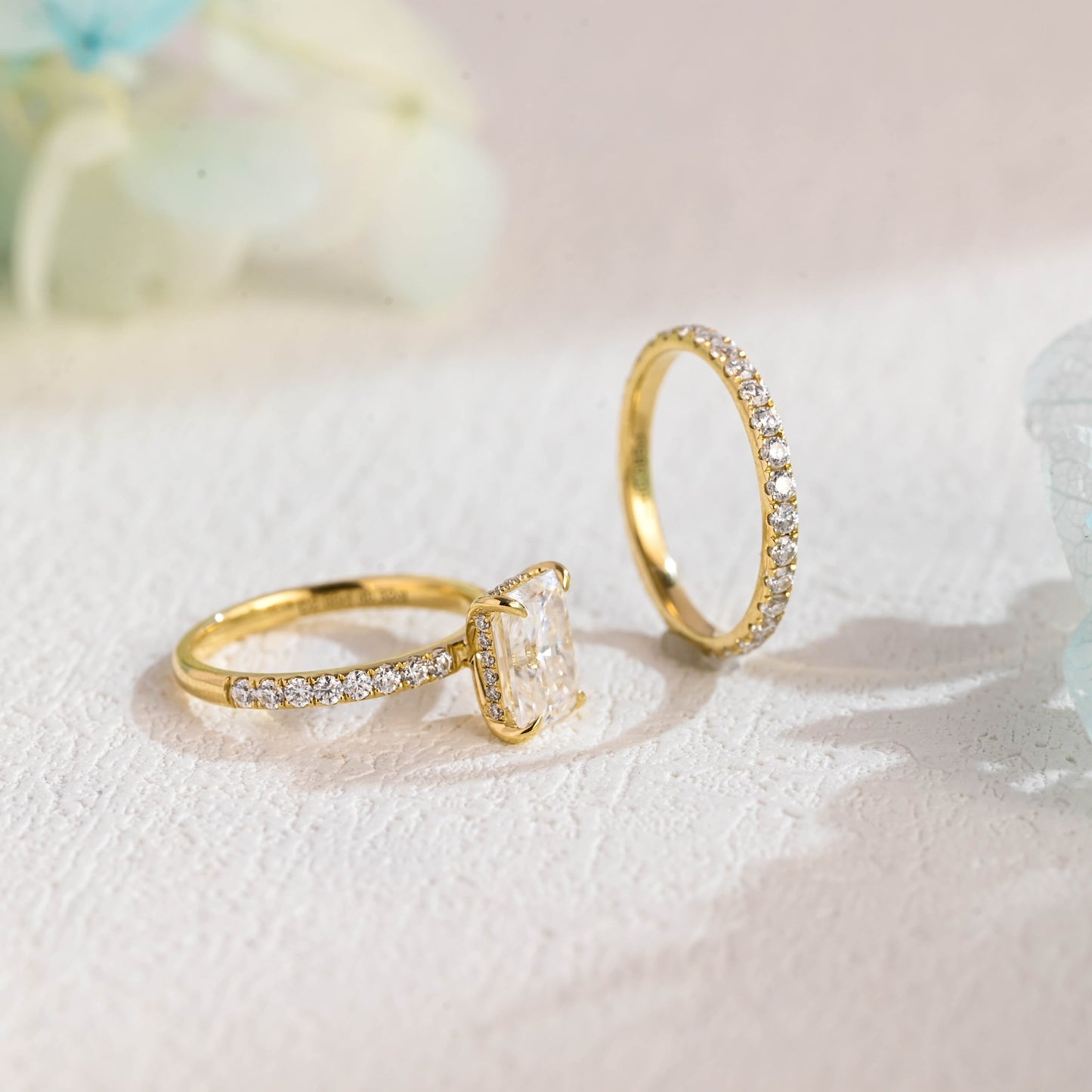 CausYou radiant cut bridal set Solid Gold Radiant Cut Moissanite Engagement Ring and Wedding Ring Set, Bridal Ring Set, Gift for Woman Wife