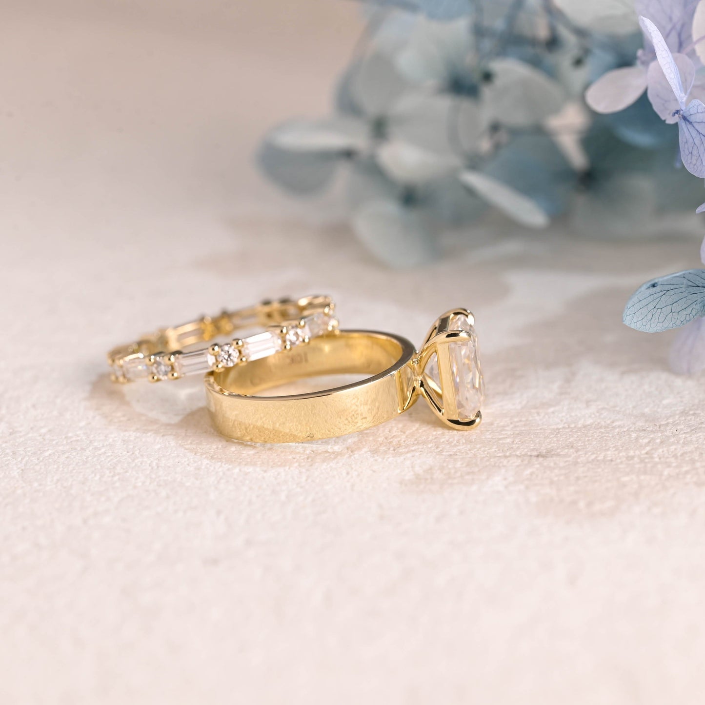 CausYou radiant cut bridal set Solid Gold Radiant Cut Moissanite Wedding Ring Set