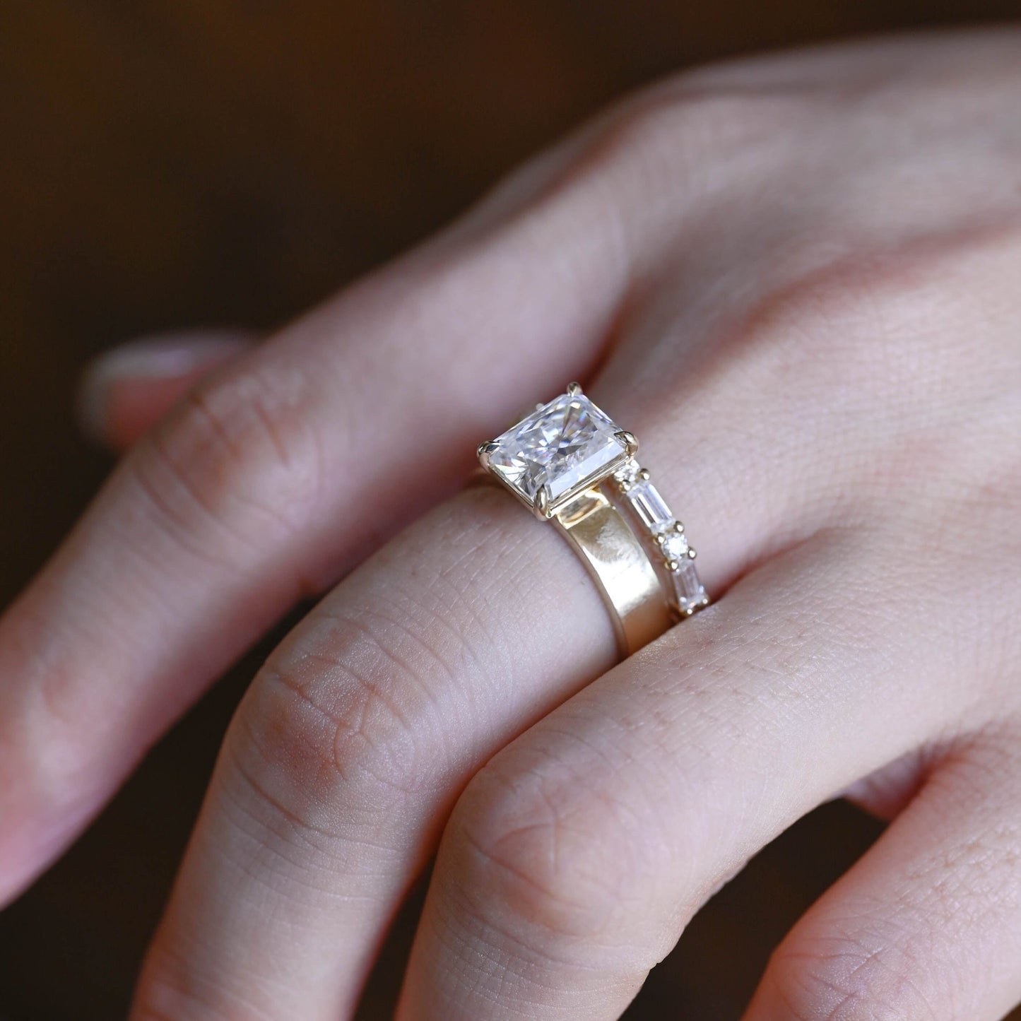 CausYou radiant cut bridal set Solid Gold Radiant Cut Moissanite Wedding Ring Set