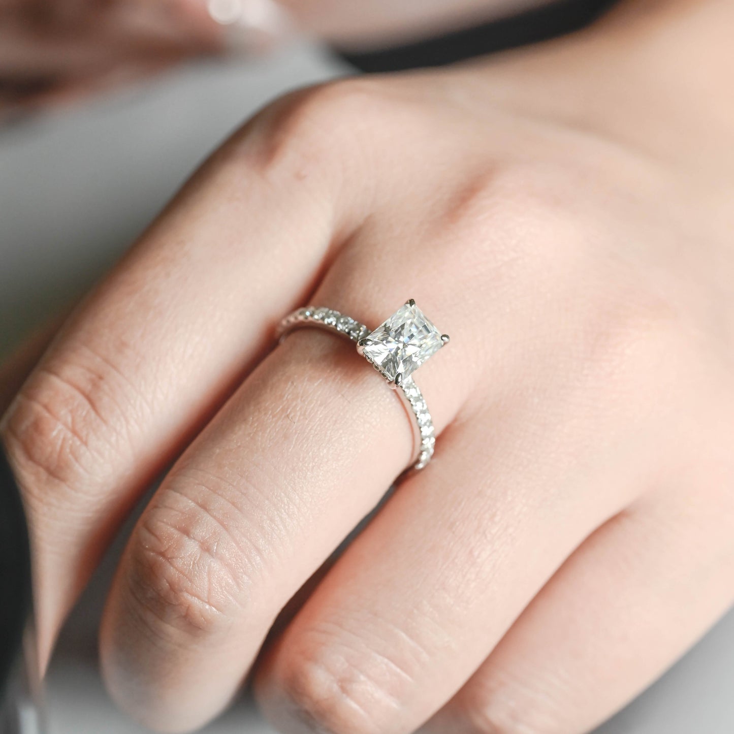 CausYou radiant cut diamond engagement ring CausYou Solid Gold D/VS1 Radiant Cut Lab Grown Diamond Engagement Ring, Half Pave Hidden Halo Bridal Ring