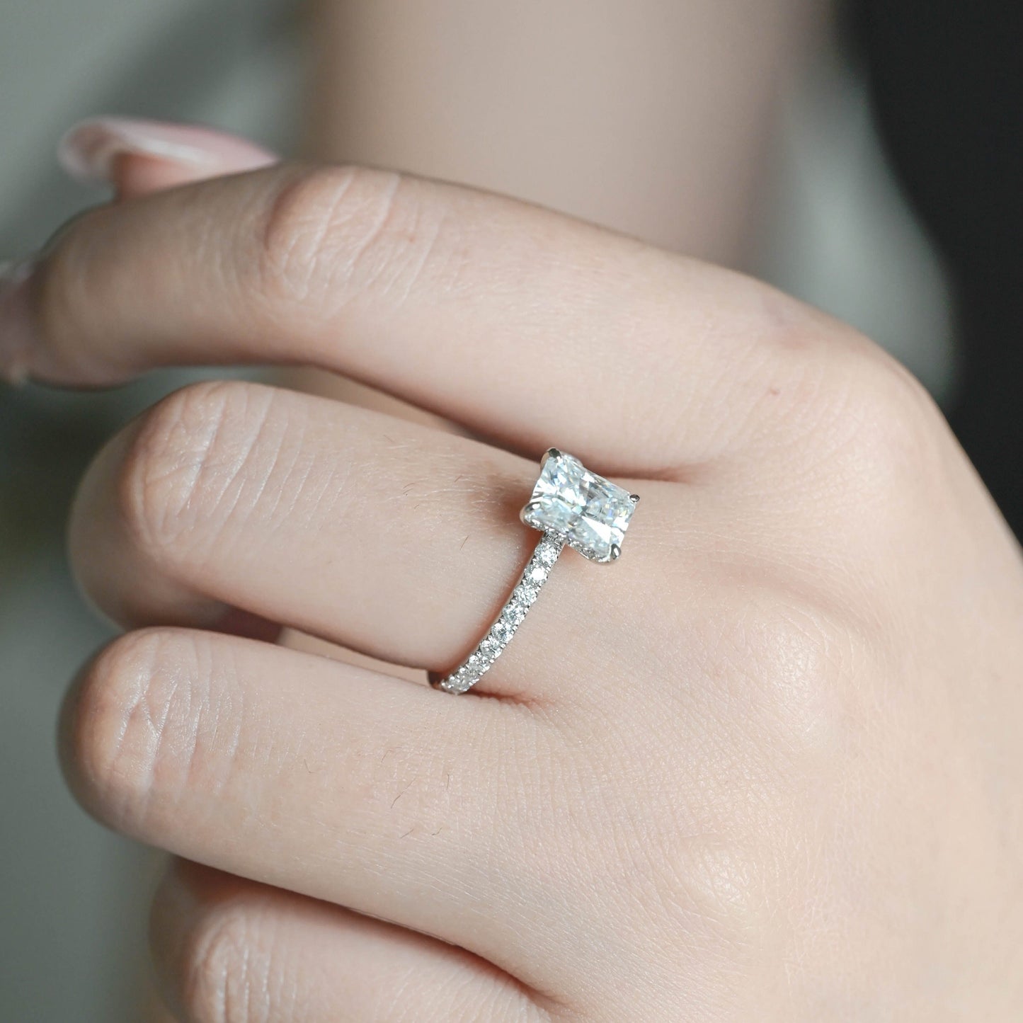 CausYou radiant cut diamond engagement ring CausYou Solid Gold D/VS1 Radiant Cut Lab Grown Diamond Engagement Ring, Half Pave Hidden Halo Bridal Ring
