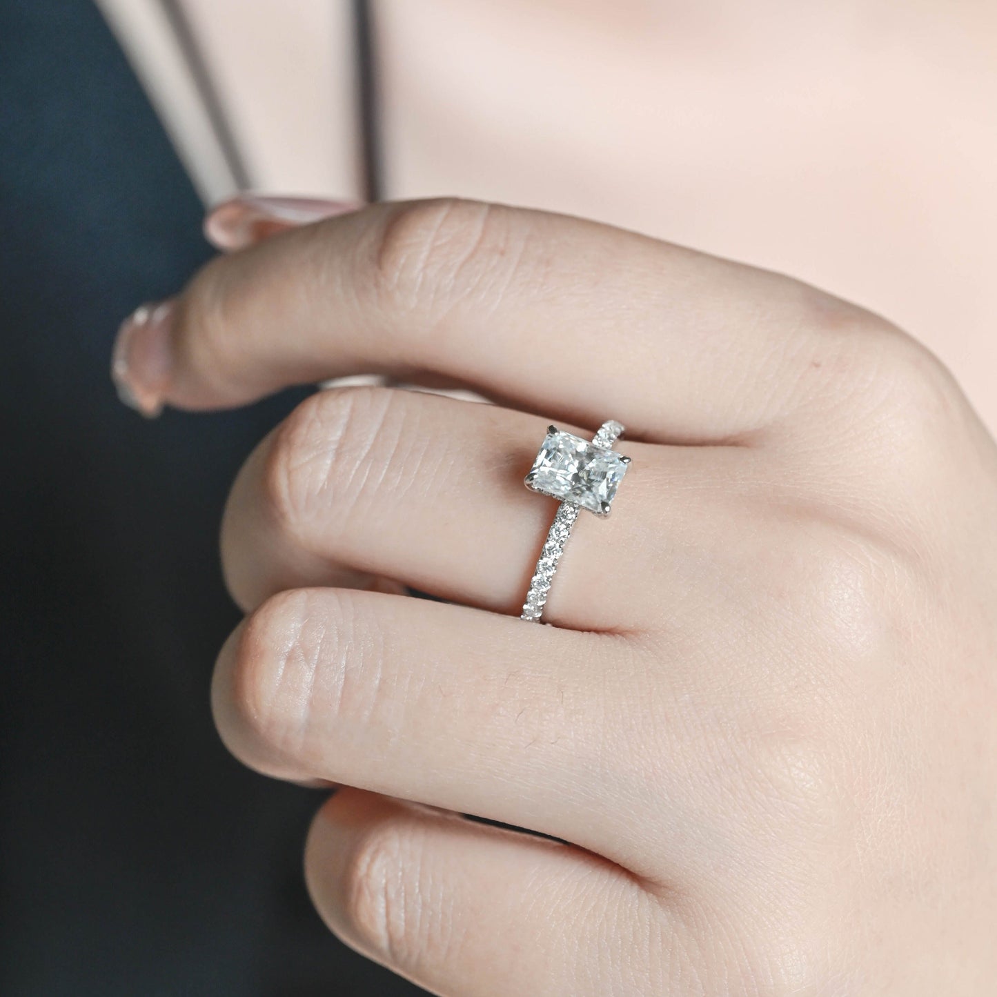 CausYou radiant cut diamond engagement ring CausYou Solid Gold D/VS1 Radiant Cut Lab Grown Diamond Engagement Ring, Half Pave Hidden Halo Bridal Ring