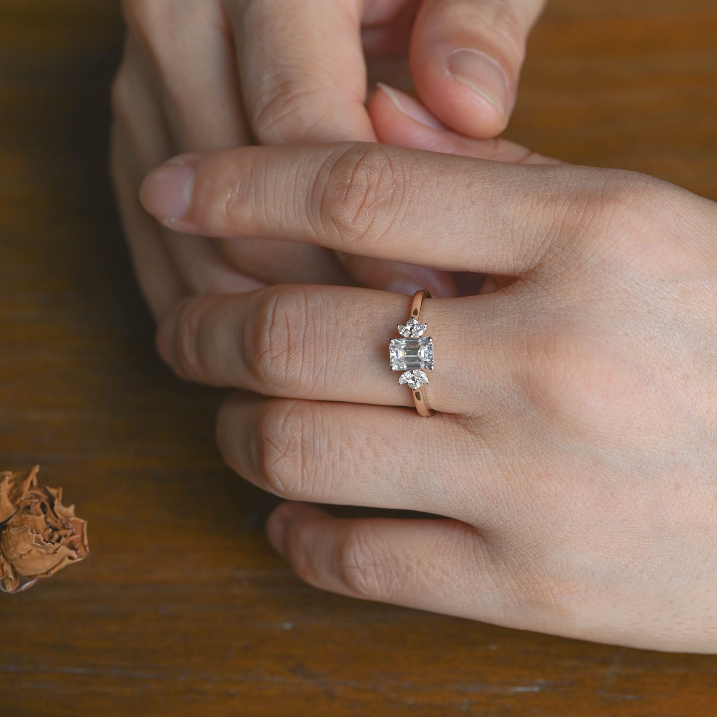 CausYou Radiant Cut Moissanite Engagement Ring Solid Gold Cluster Emerald Cut Moissanite Engagement Ring