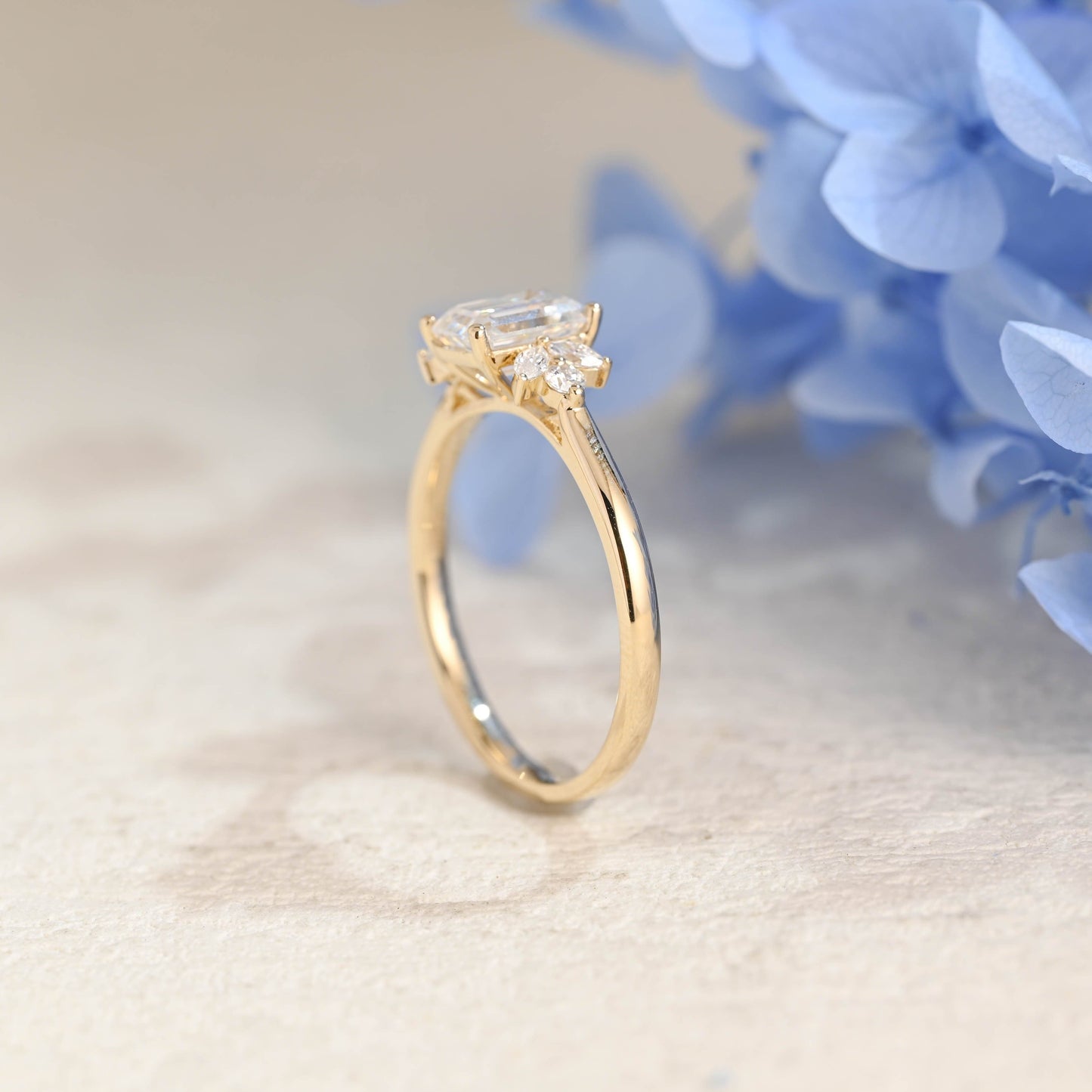 CausYou Radiant Cut Moissanite Engagement Ring Solid Gold Cluster Emerald Cut Moissanite Engagement Ring