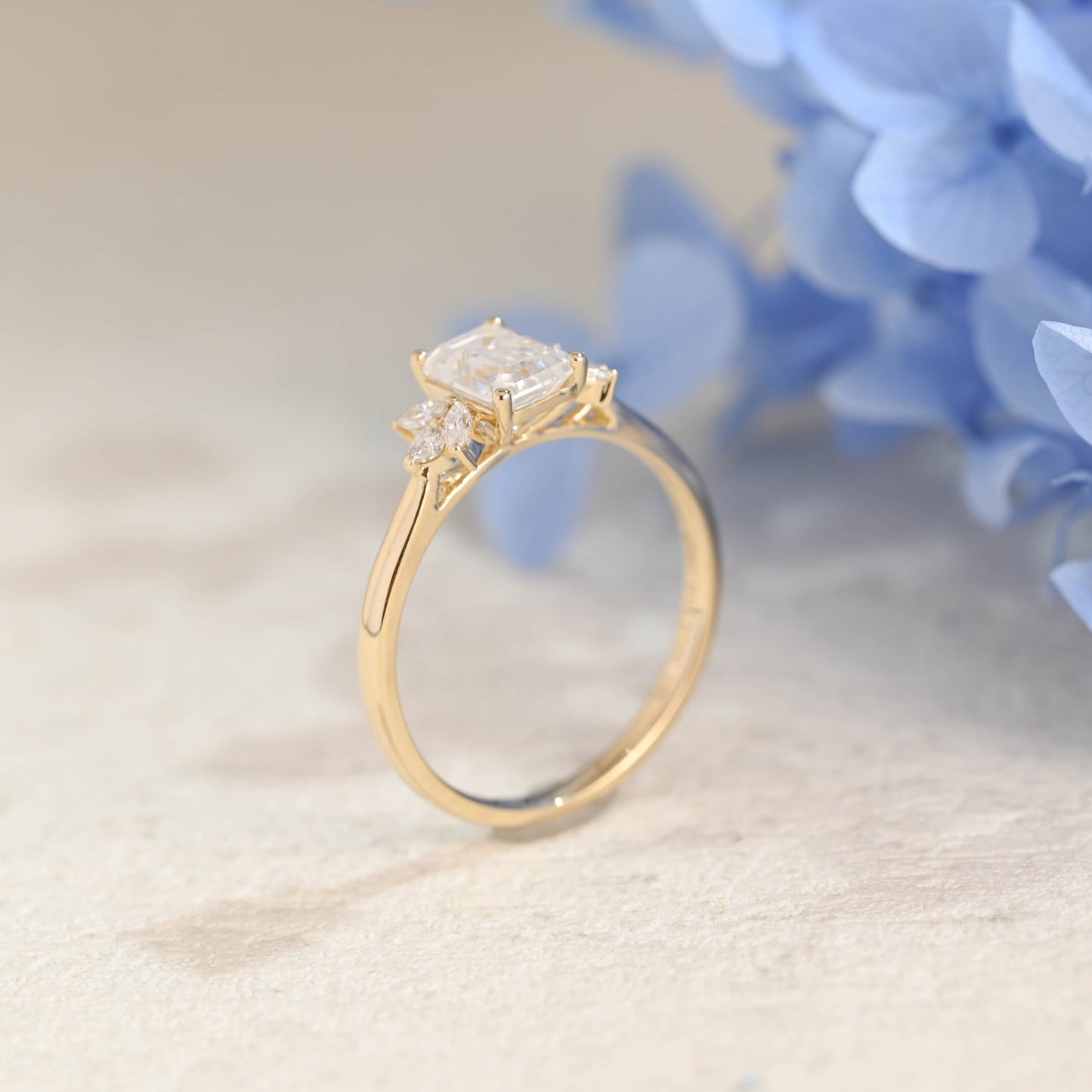 CausYou Radiant Cut Moissanite Engagement Ring Solid Gold Cluster Emerald Cut Moissanite Engagement Ring