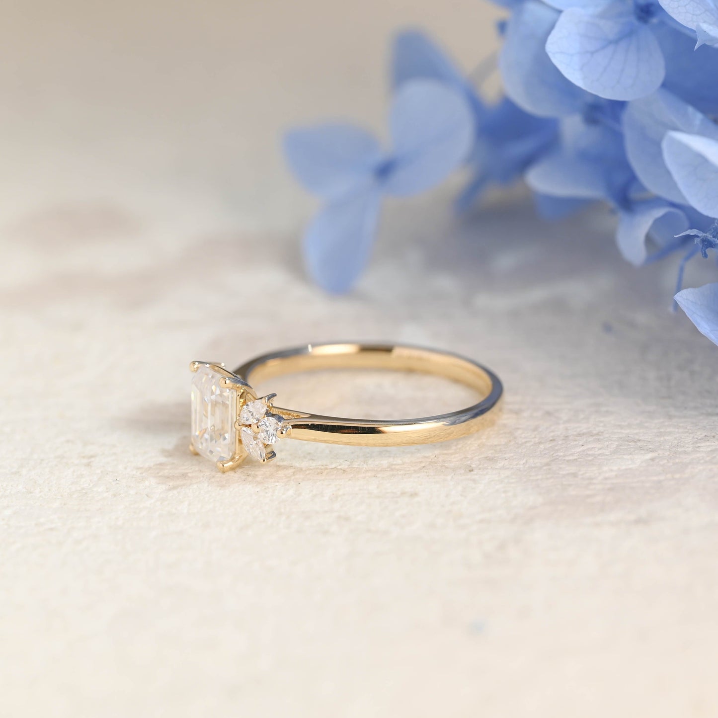 CausYou Radiant Cut Moissanite Engagement Ring Solid Gold Cluster Emerald Cut Moissanite Engagement Ring
