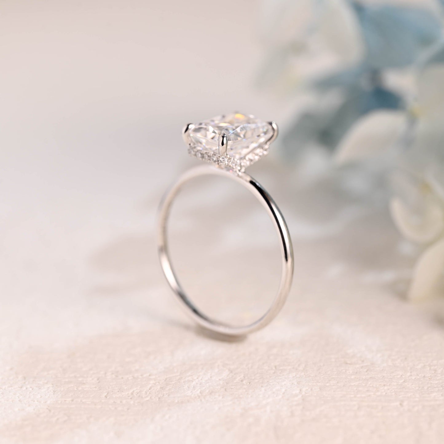 CausYou radiant cut moissanite engagement ring Solid Gold Crushed Ice Radiant Cut Moissanite Engagement Ring Hidden Halo